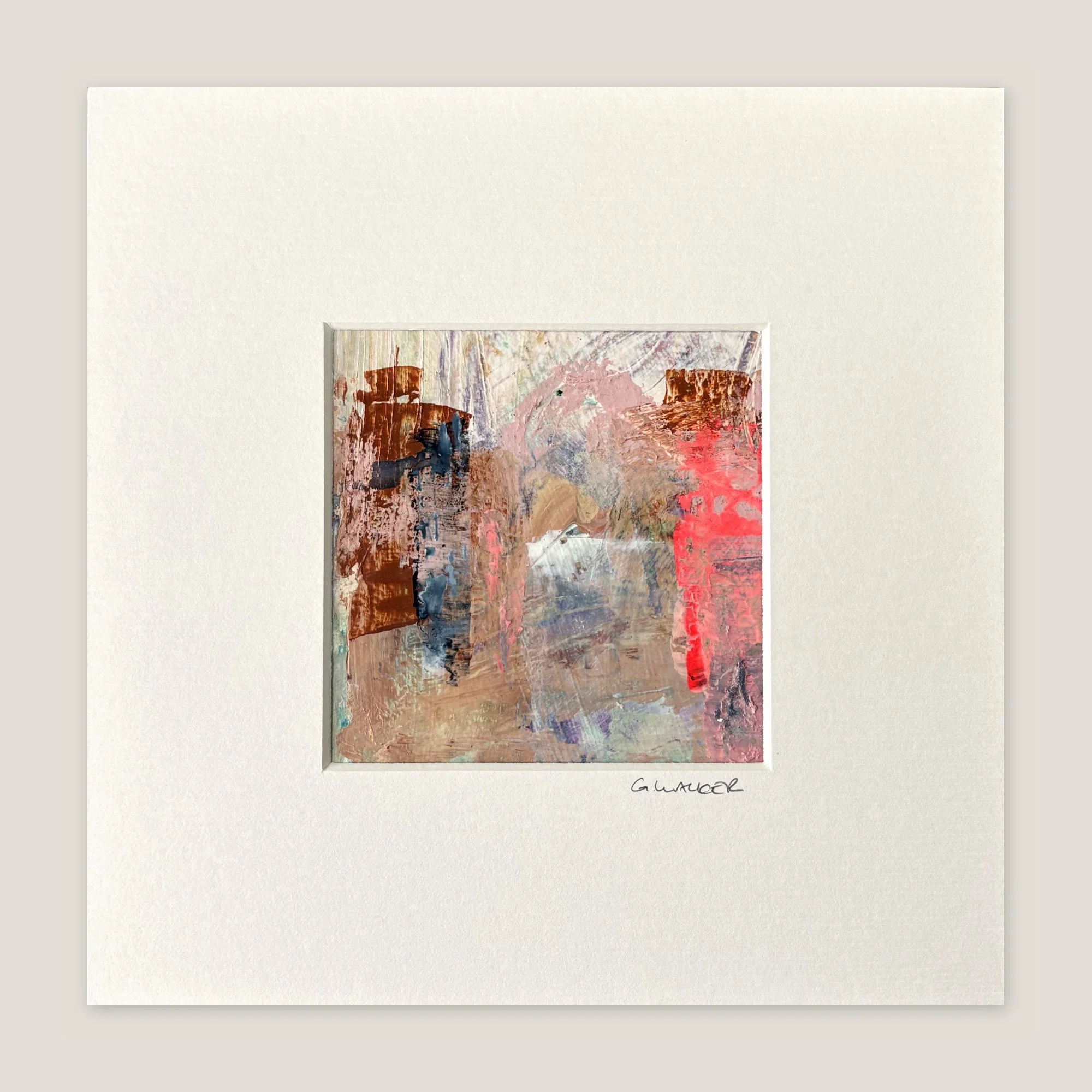 Abstract painting with rust-brown towers, navy and a tall neon red shape, window-mounted