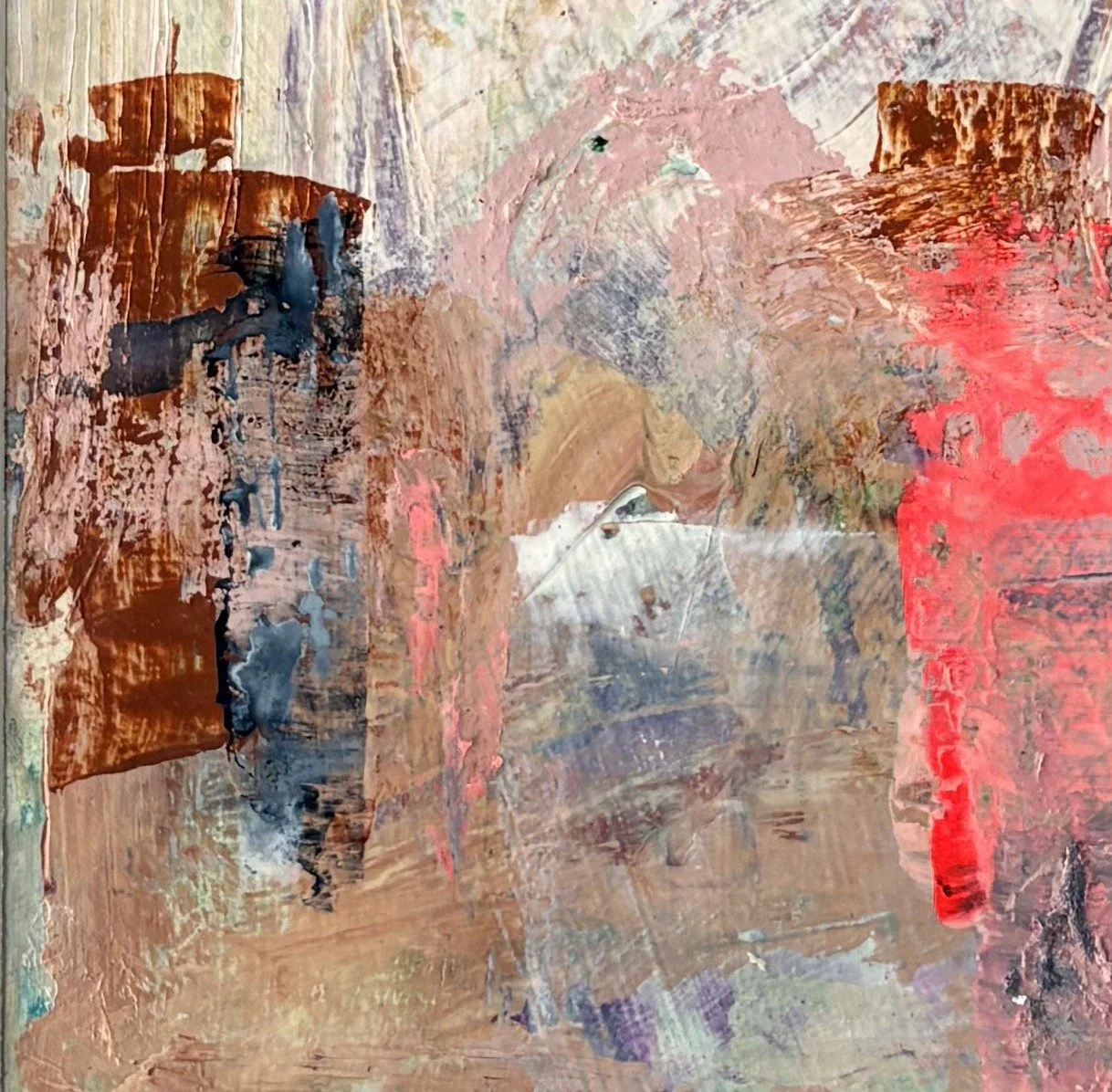 Abstract painting with rust-brown towers, navy and a tall neon red shape