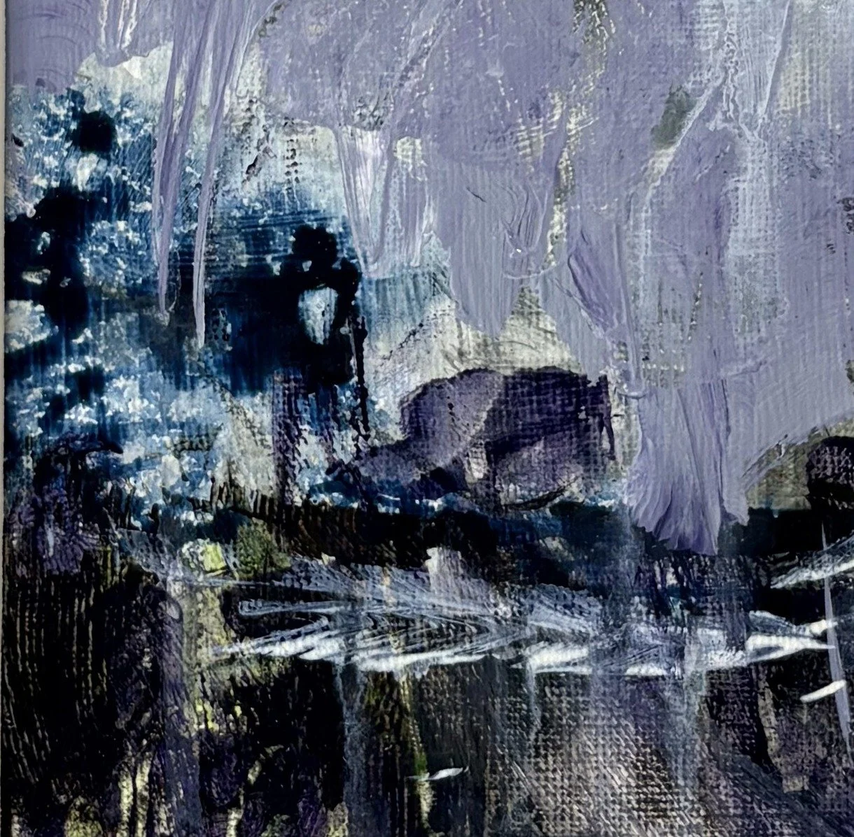Abstract seascape in lavender and navy with white streaks across the water