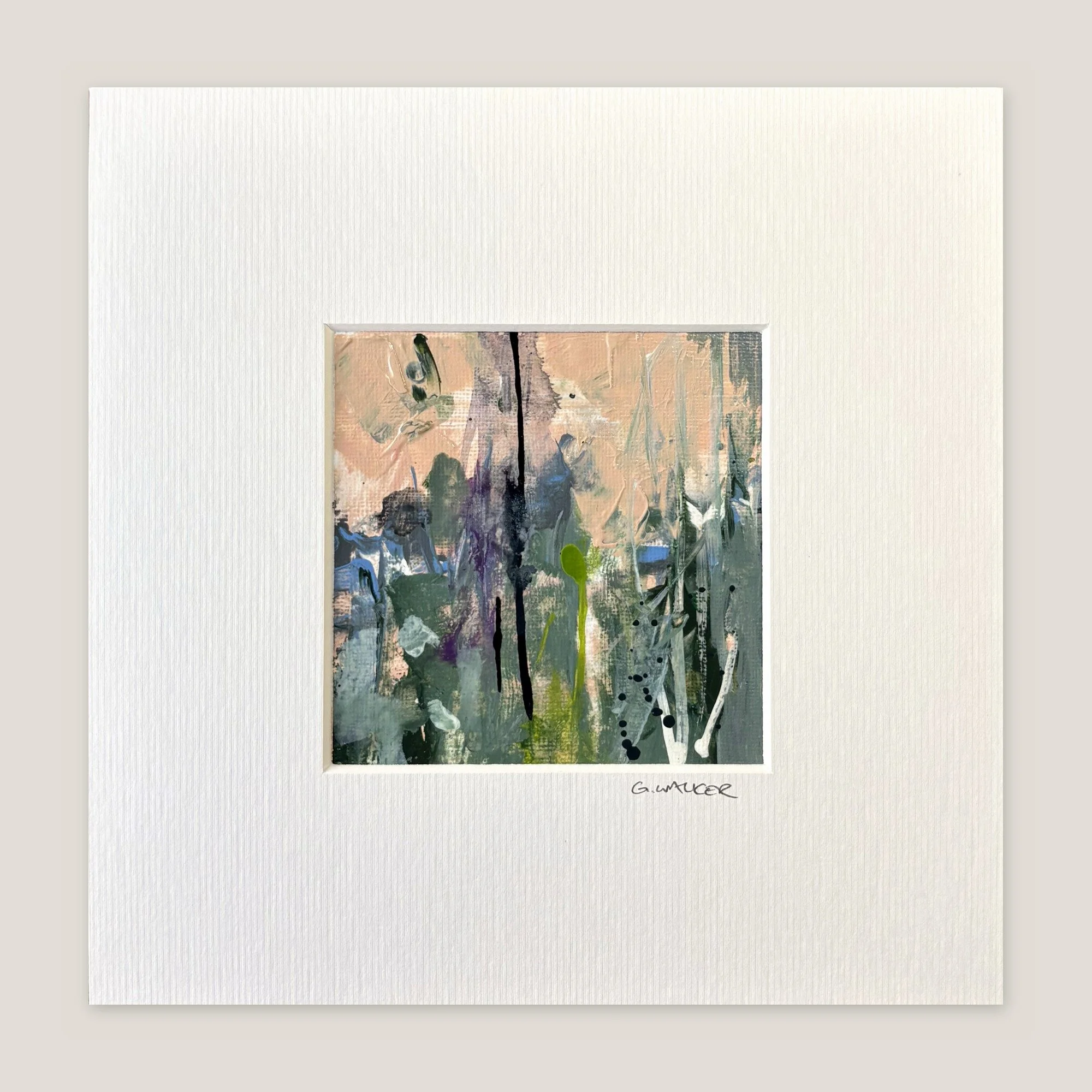 Abstract landscape in peach and grey-green with long black lines and blue patches, window-mounted
