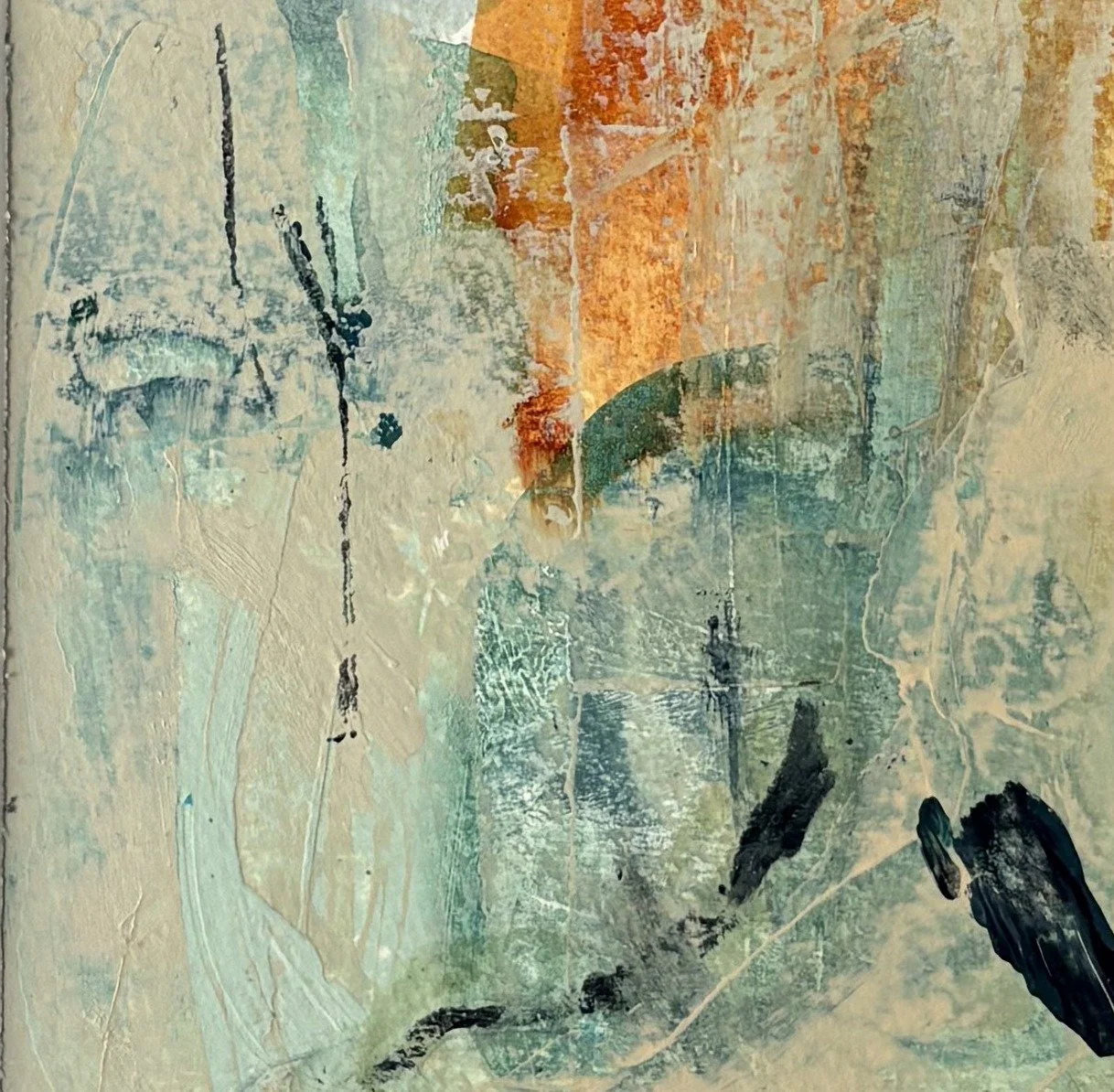 Pale sage abstract painting with a burnt orange stripe and small dark marks