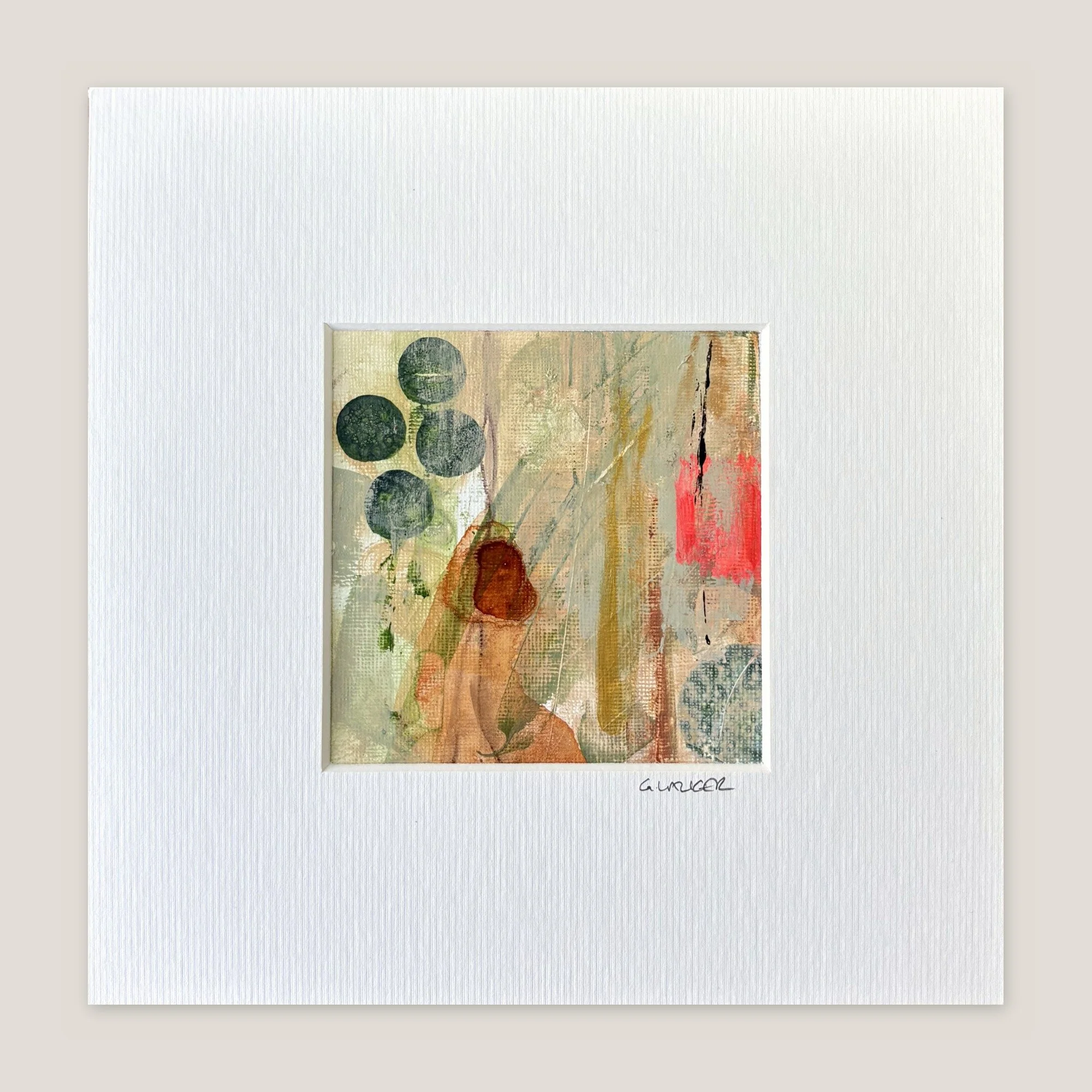 Abstract painting with dark green circles, a brown drip and a coral bar, window-mounted