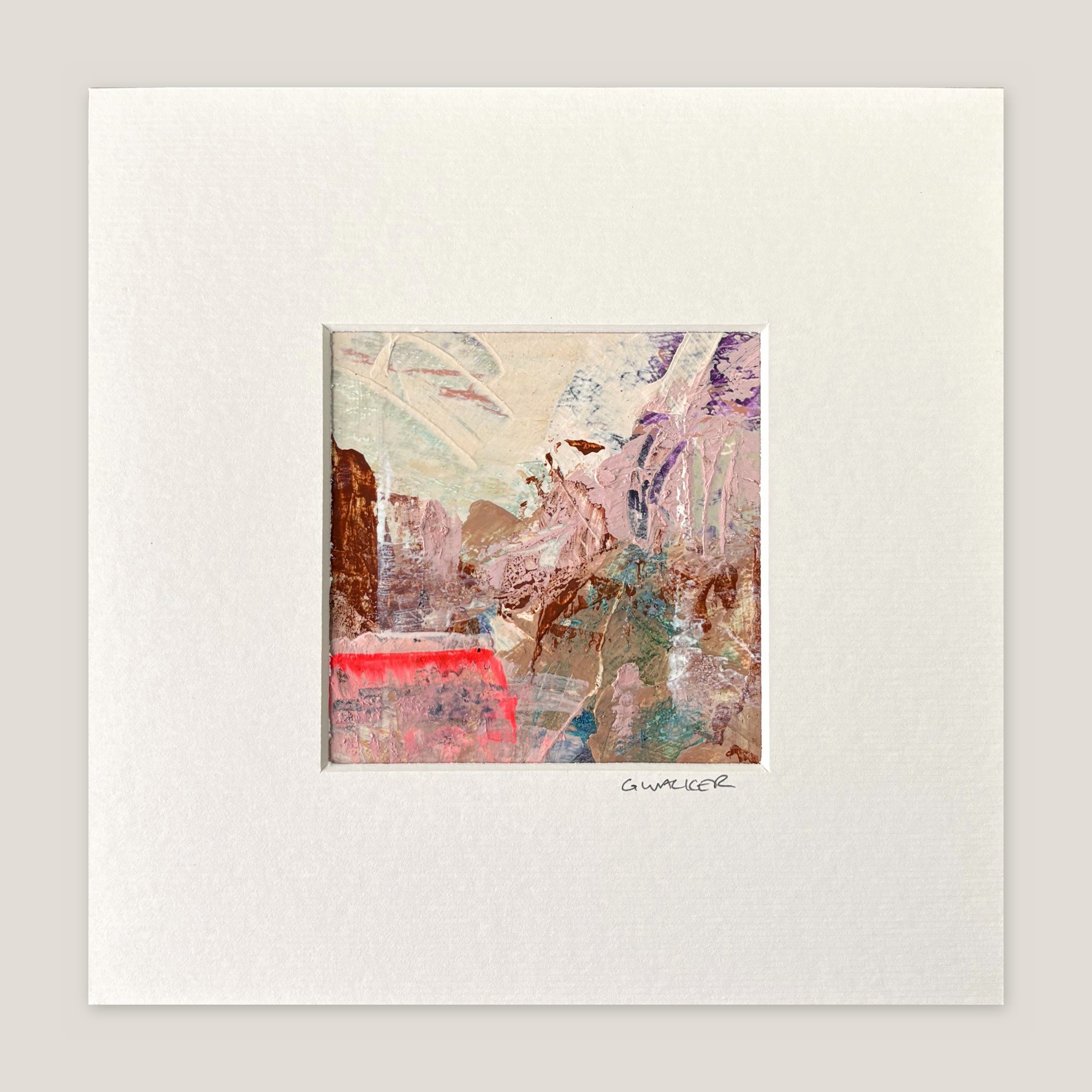 Abstract painting with a pale sky, rust-brown block and a neon red band along the bottom, window-mounted