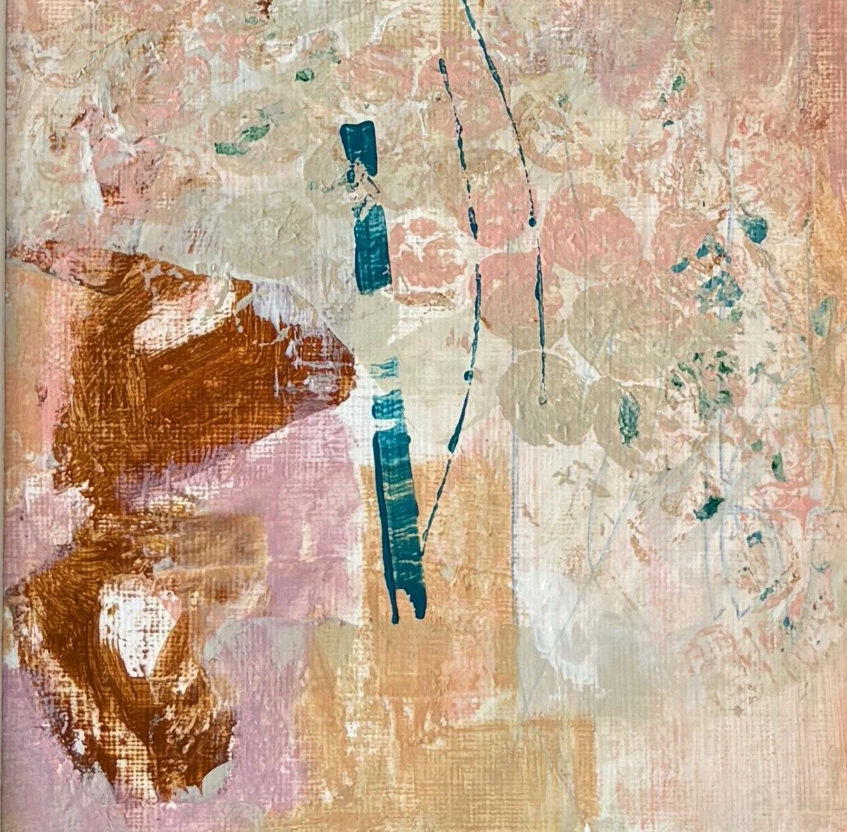 Pale blush abstract painting with a rust-brown shape and a thin teal line