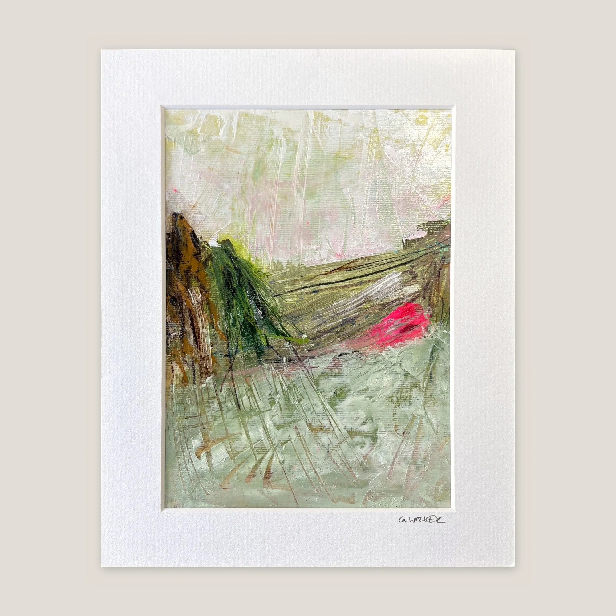 Abstract landscape in sage and cream with drawn lines and a patch of hot pink, window-mounted