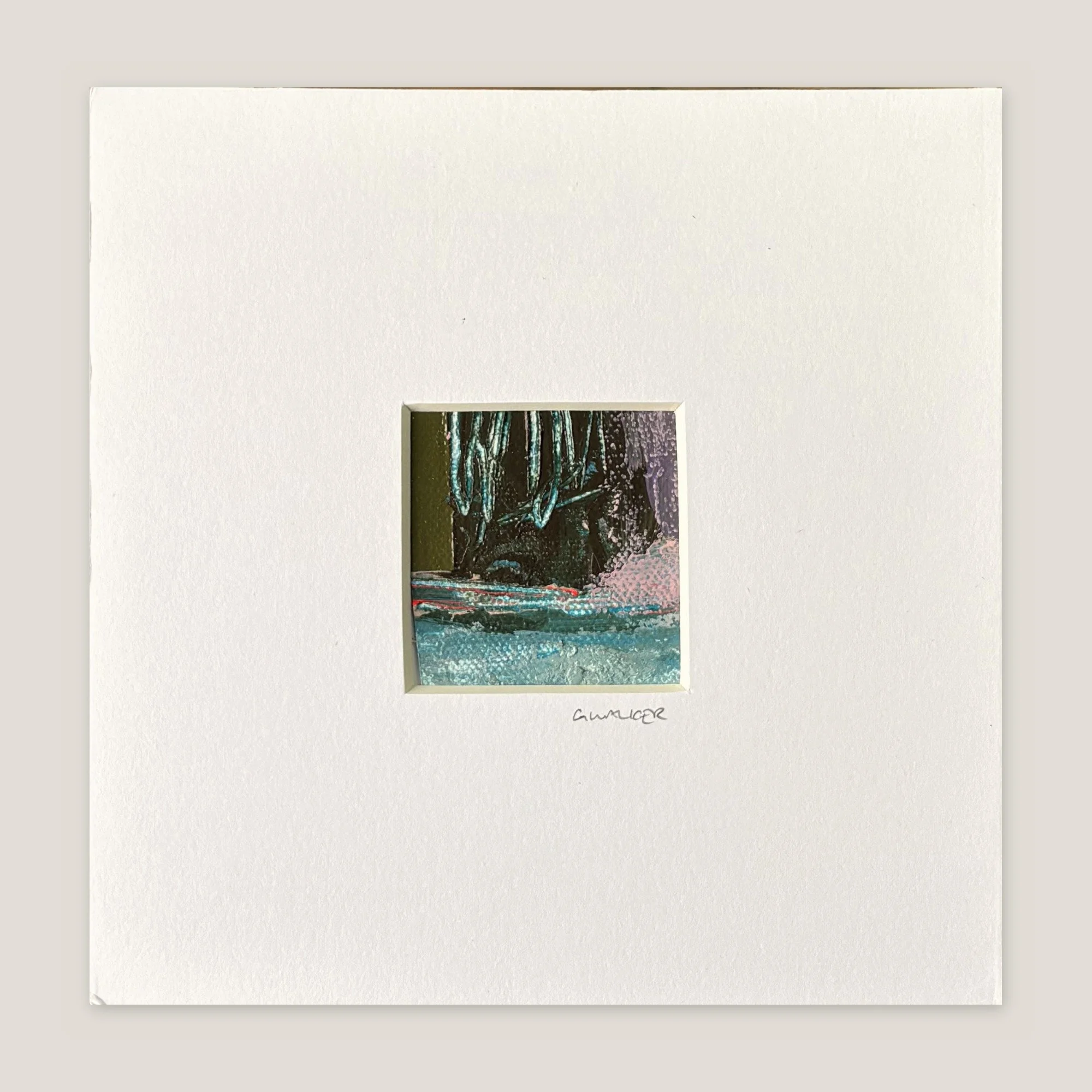 Mini abstract painting in black and teal with looped lines and a thin red horizon, window-mounted
