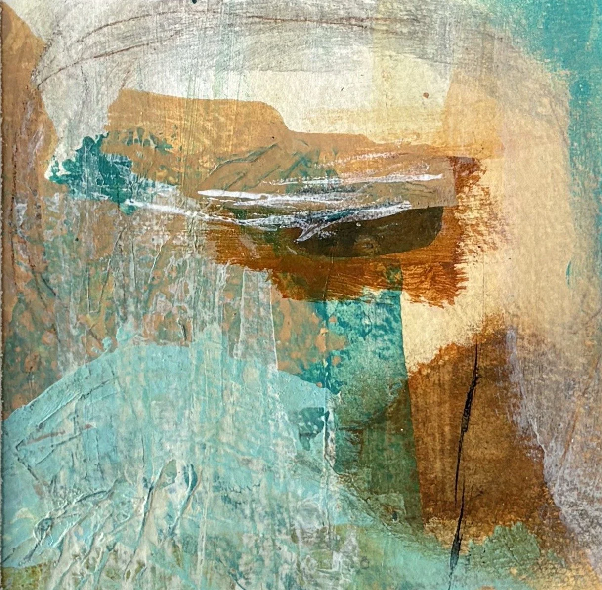 Abstract painting in turquoise and cream with a band of gold and rust