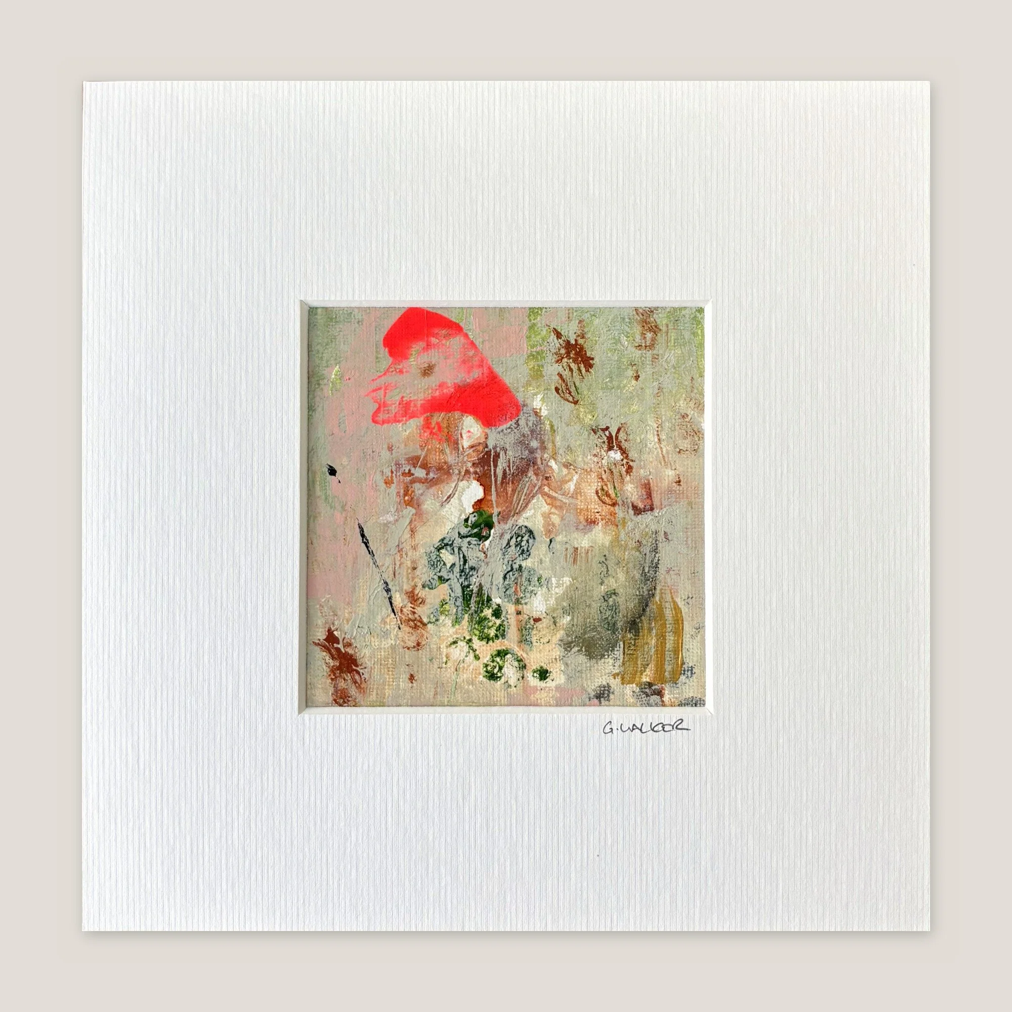 Abstract painting with neon red at the top over rust and moss green speckles, window-mounted