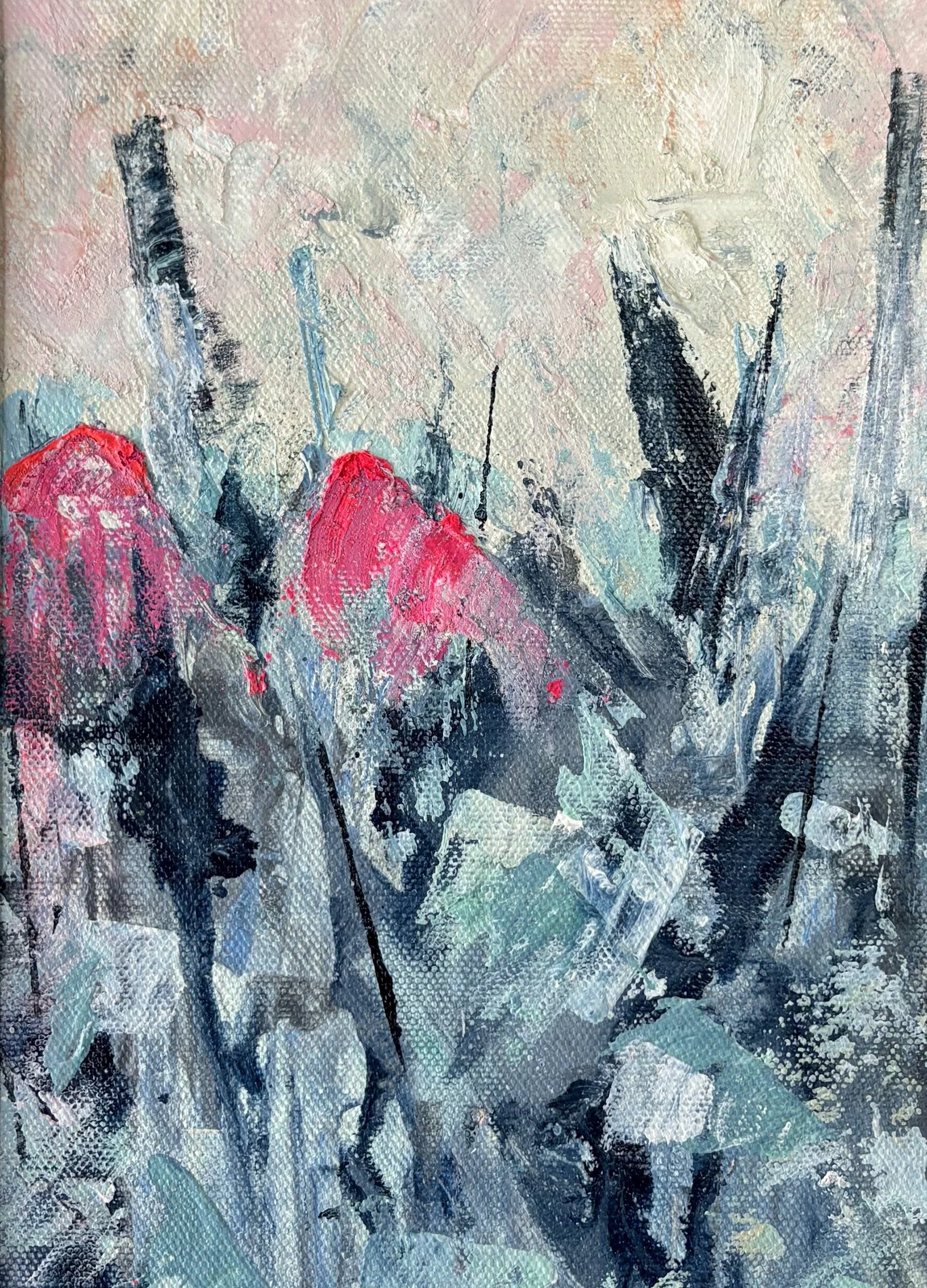 Abstract painting on canvas with navy and blue-grey shapes and two hot pink heads