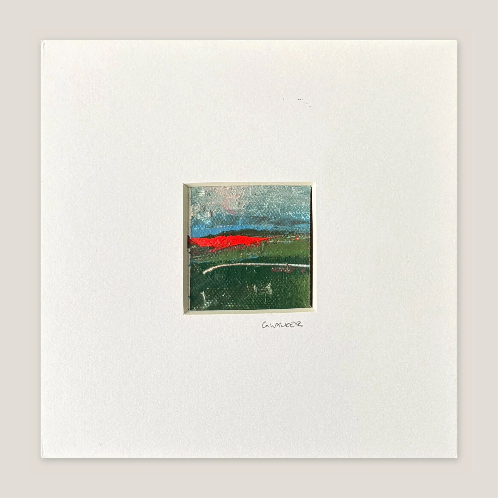 Mini abstract landscape with blue sky, green fields and a neon red horizon, window-mounted