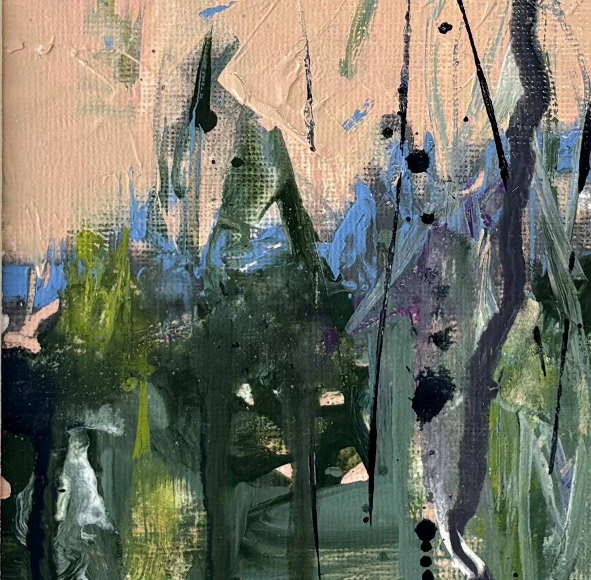 Abstract landscape with a dense dark green band under a peach sky and ink drips