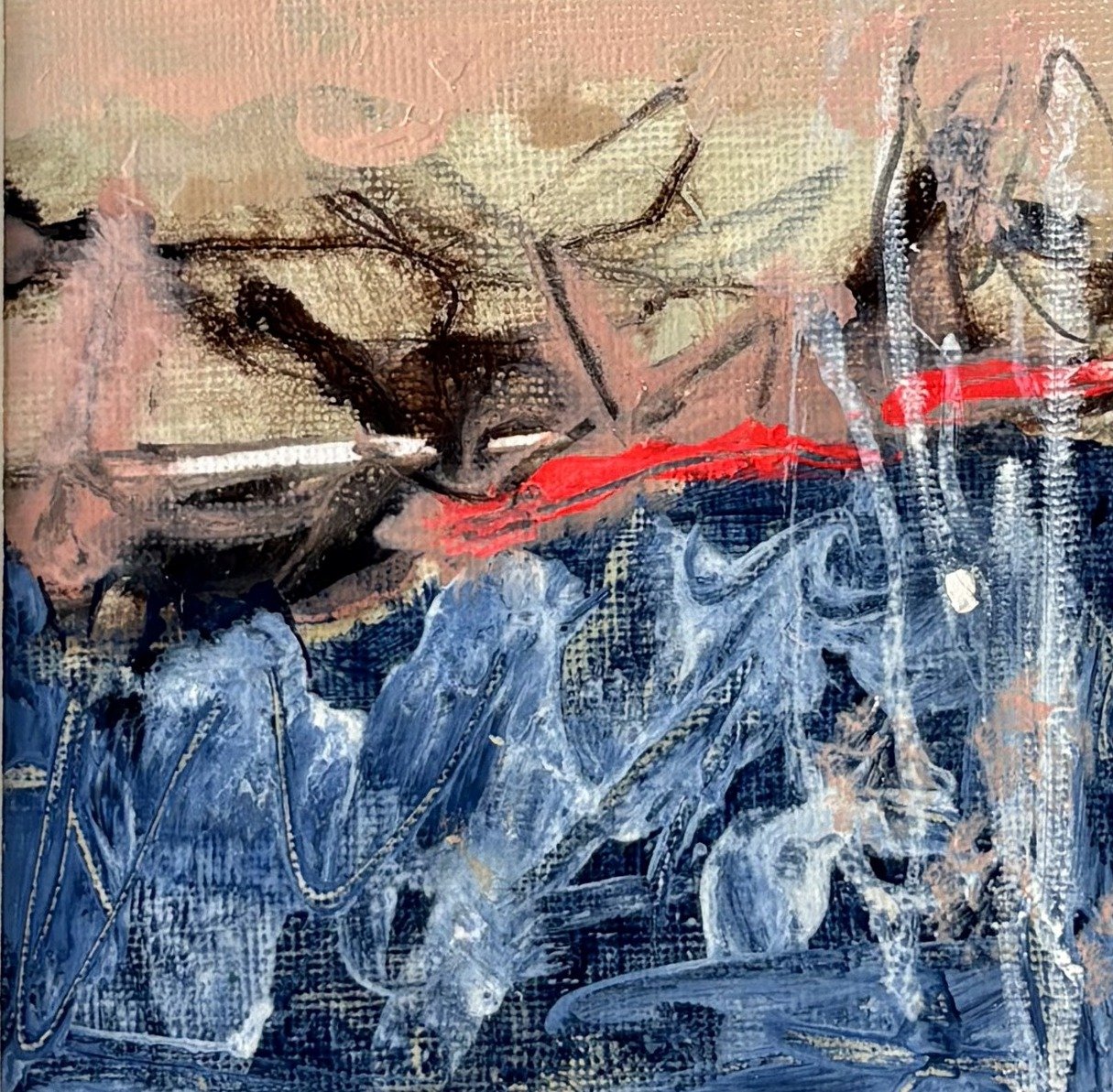 Abstract seascape with a dark oil stick band, blue sea and a neon red streak
