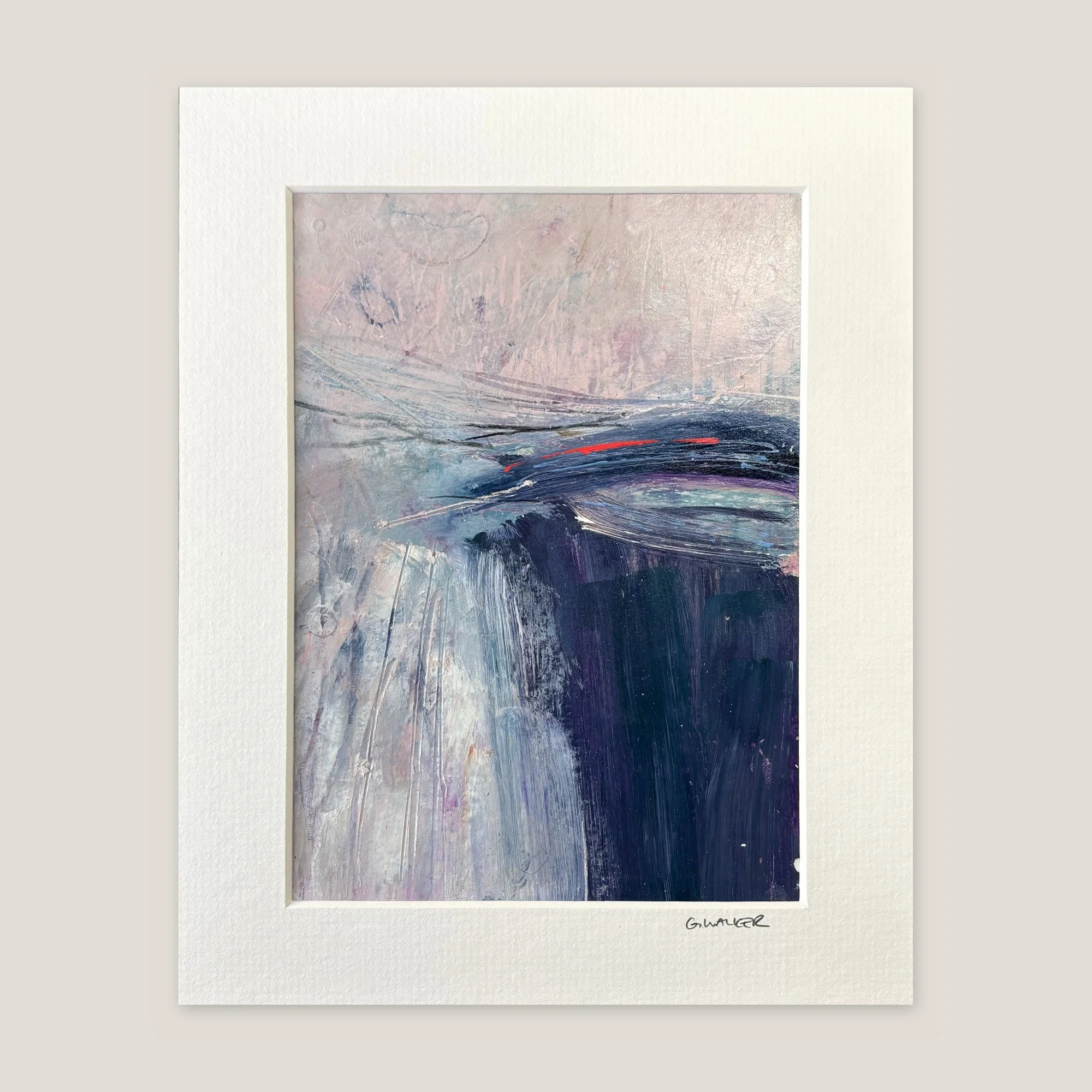 Abstract painting with a lilac sky, a deep indigo fall and a thread of red, window-mounted