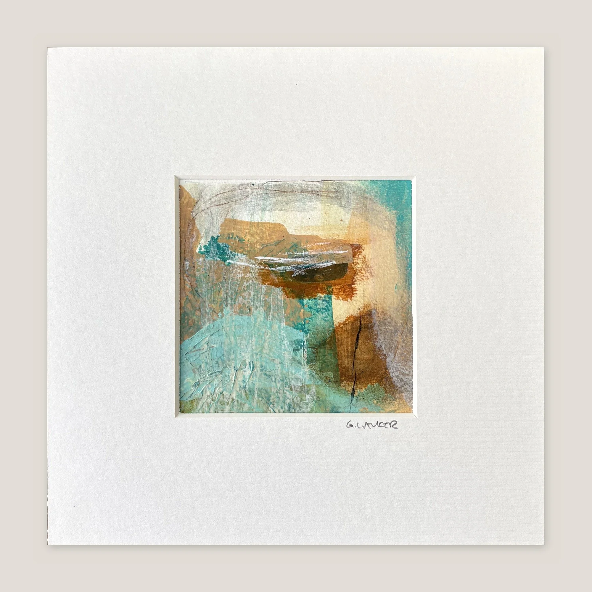 Abstract painting in turquoise and cream with a band of gold and rust, window-mounted