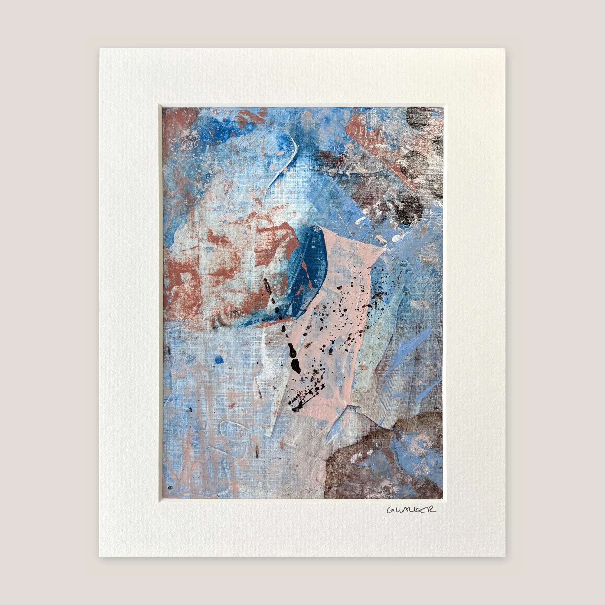 Abstract painting in chalky blue with rust patches, pale pink and black ink spatter, window-mounted