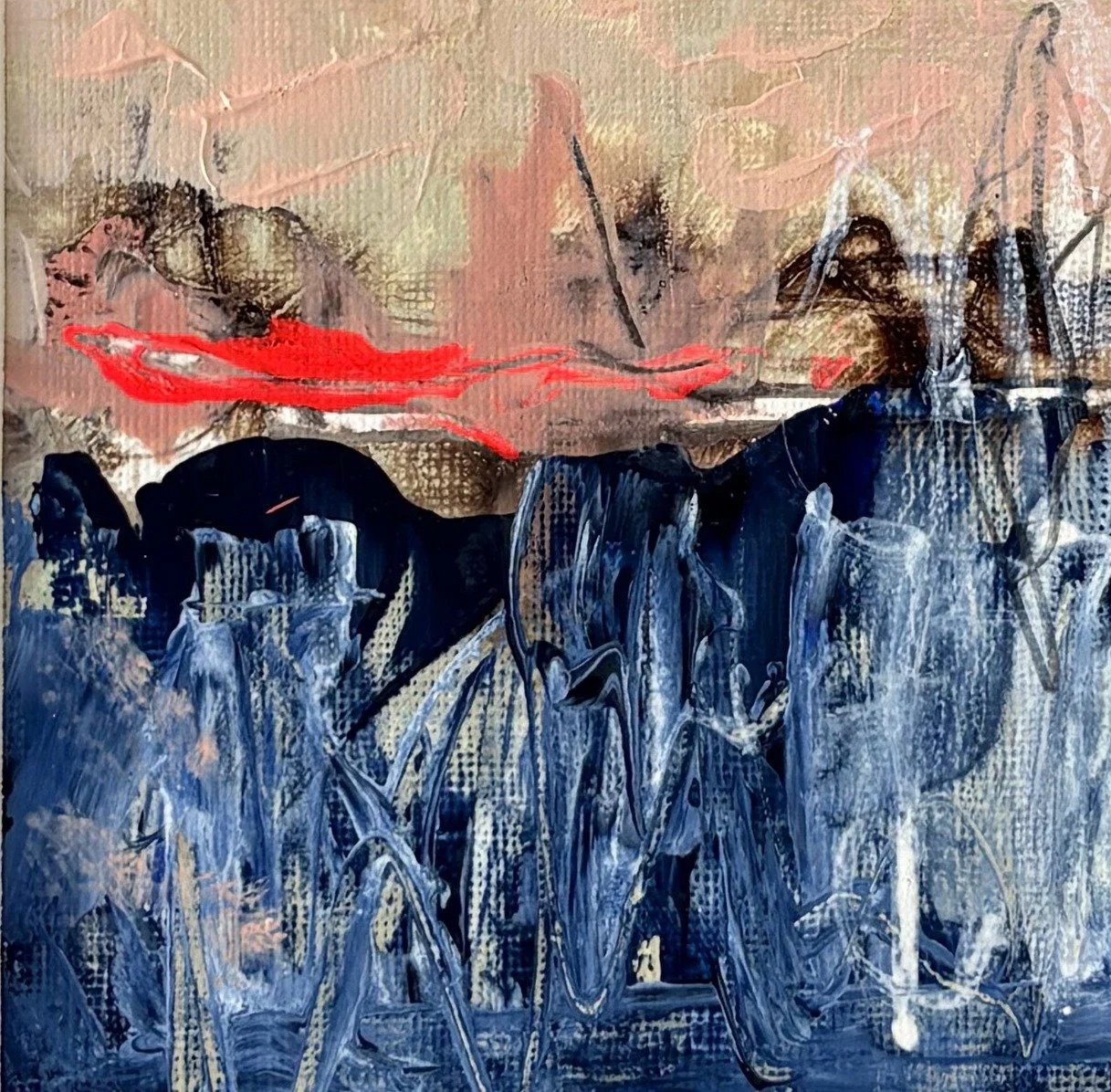 Abstract seascape with a flat dark horizon, scratched blue sea and a red streak
