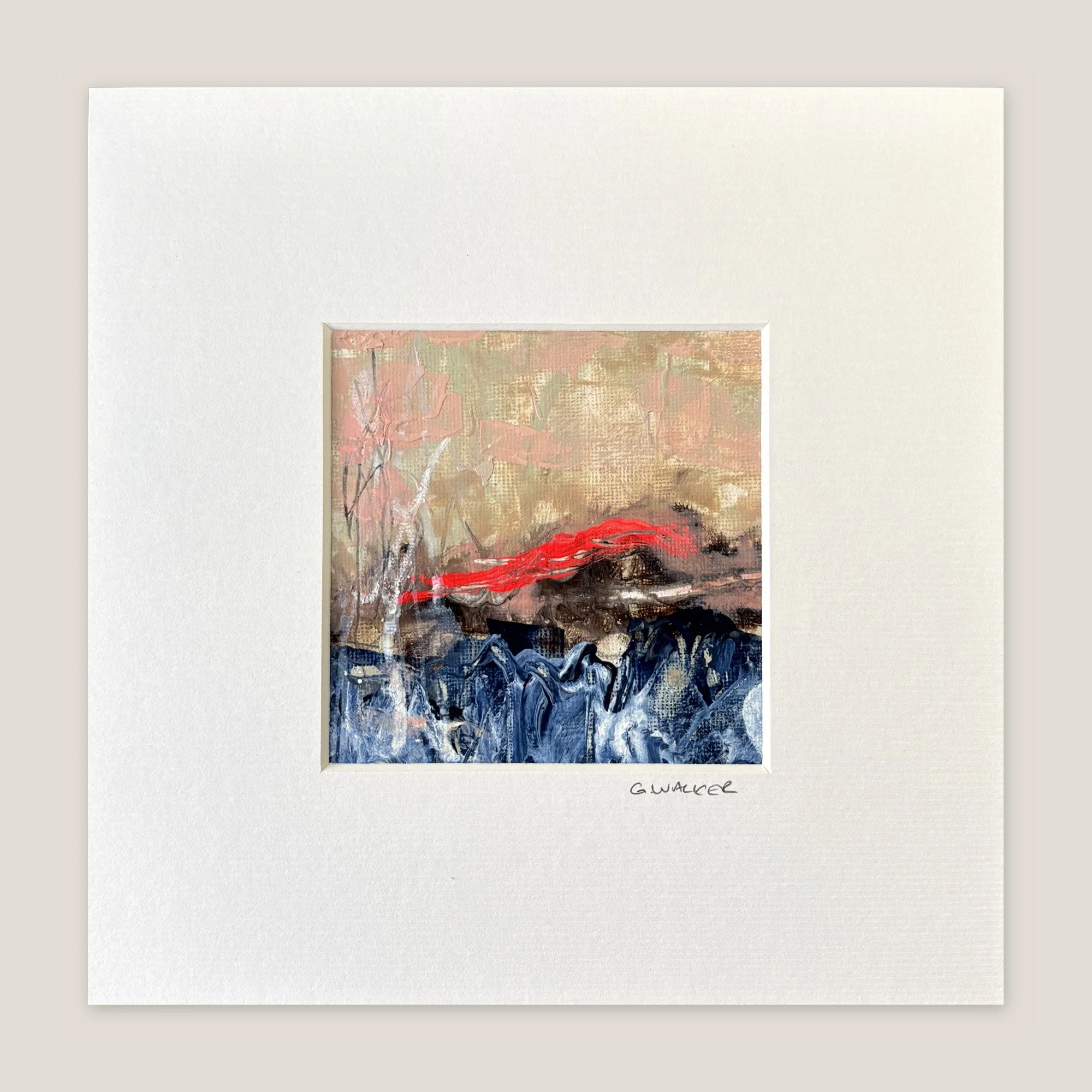 Abstract seascape with a dusty pink sky, dark blue sea and a neon red streak on the horizon, window-mounted