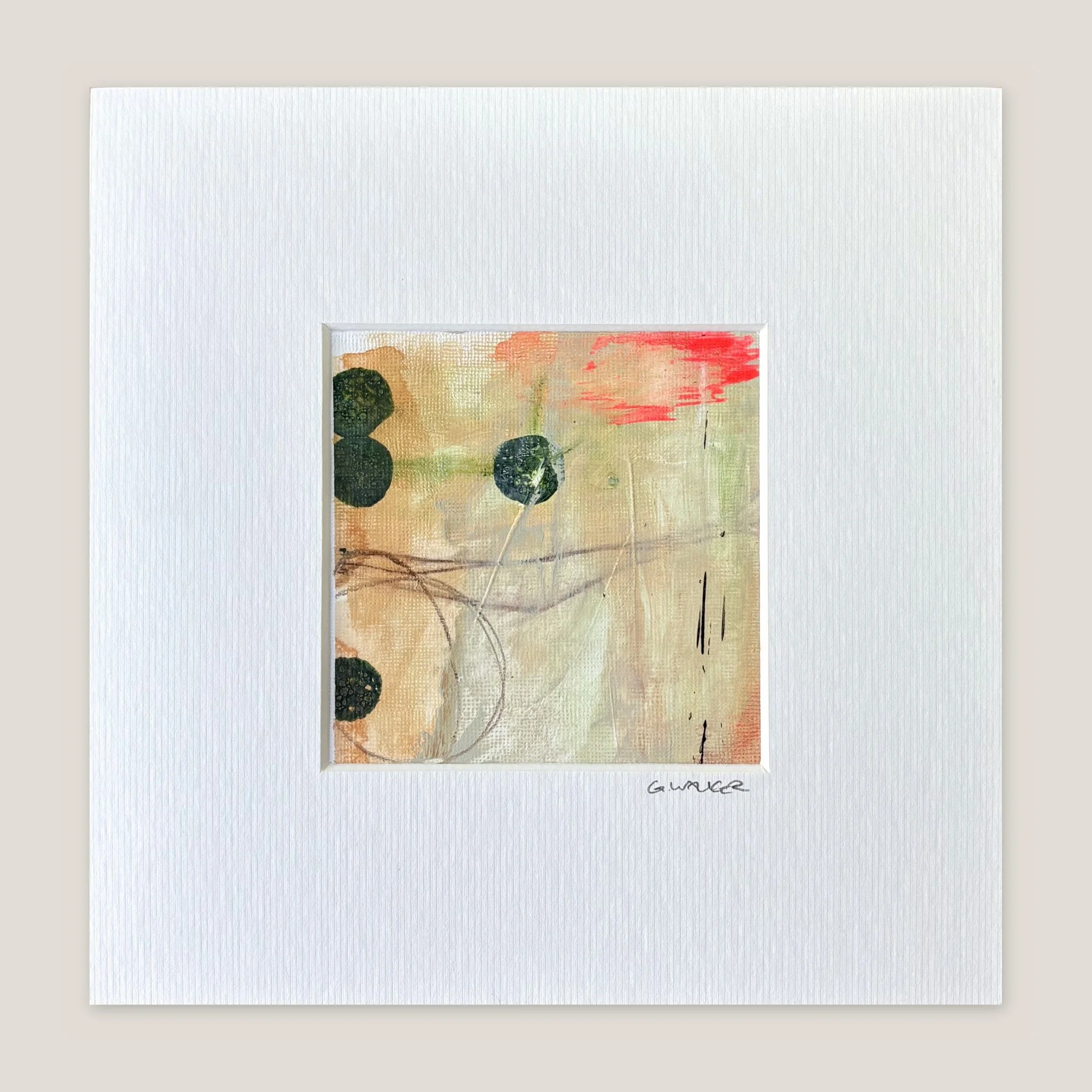 Abstract painting in sand and sage with dark green circles and a smudge of neon coral, window-mounted