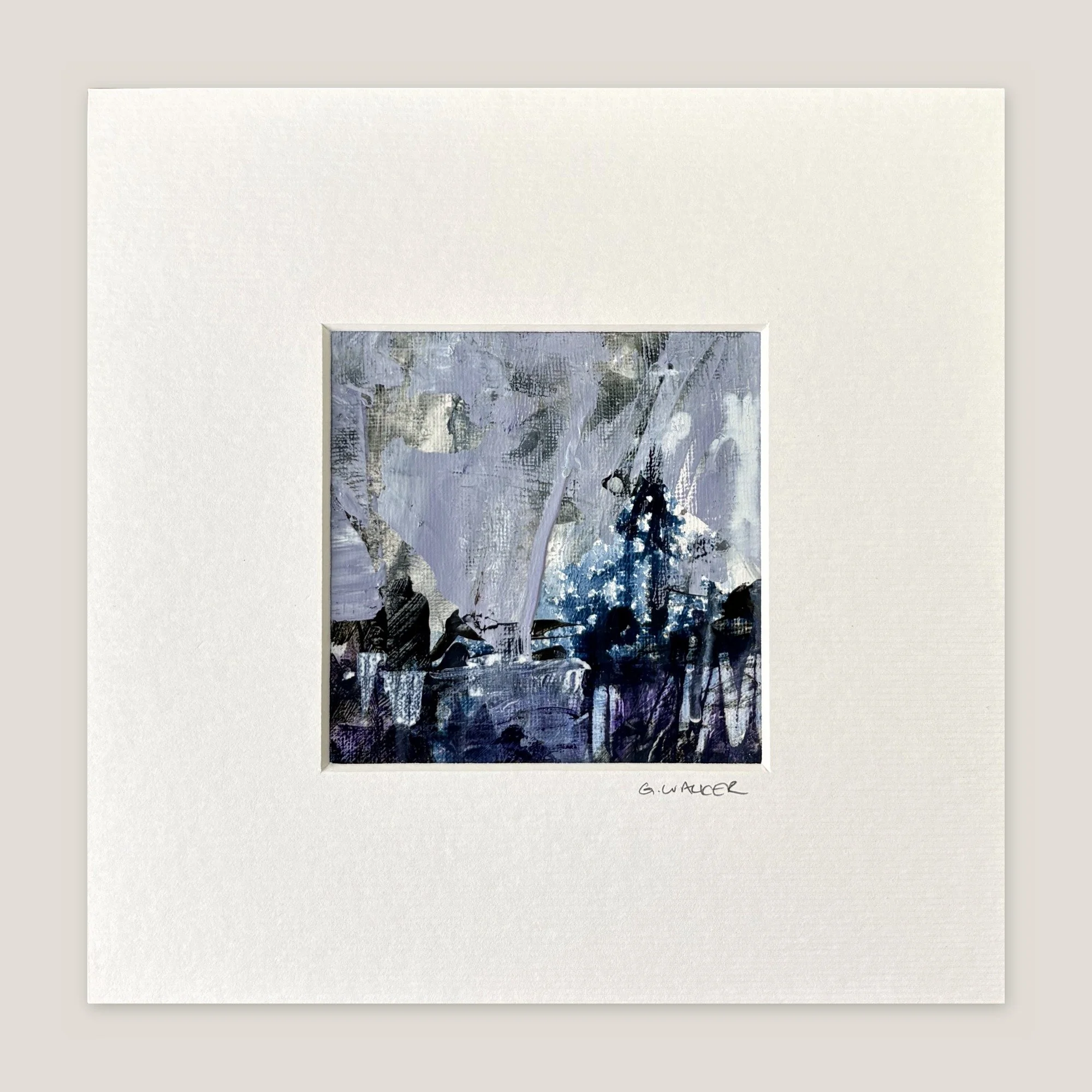 Abstract seascape with a lavender sky over dark navy water and white flecks, window-mounted