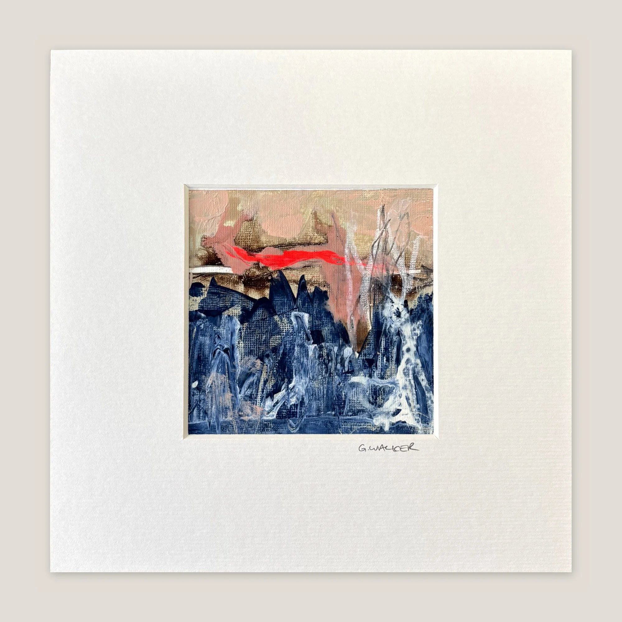 Abstract seascape with jagged navy and white waves under a pink sky and a red streak, window-mounted