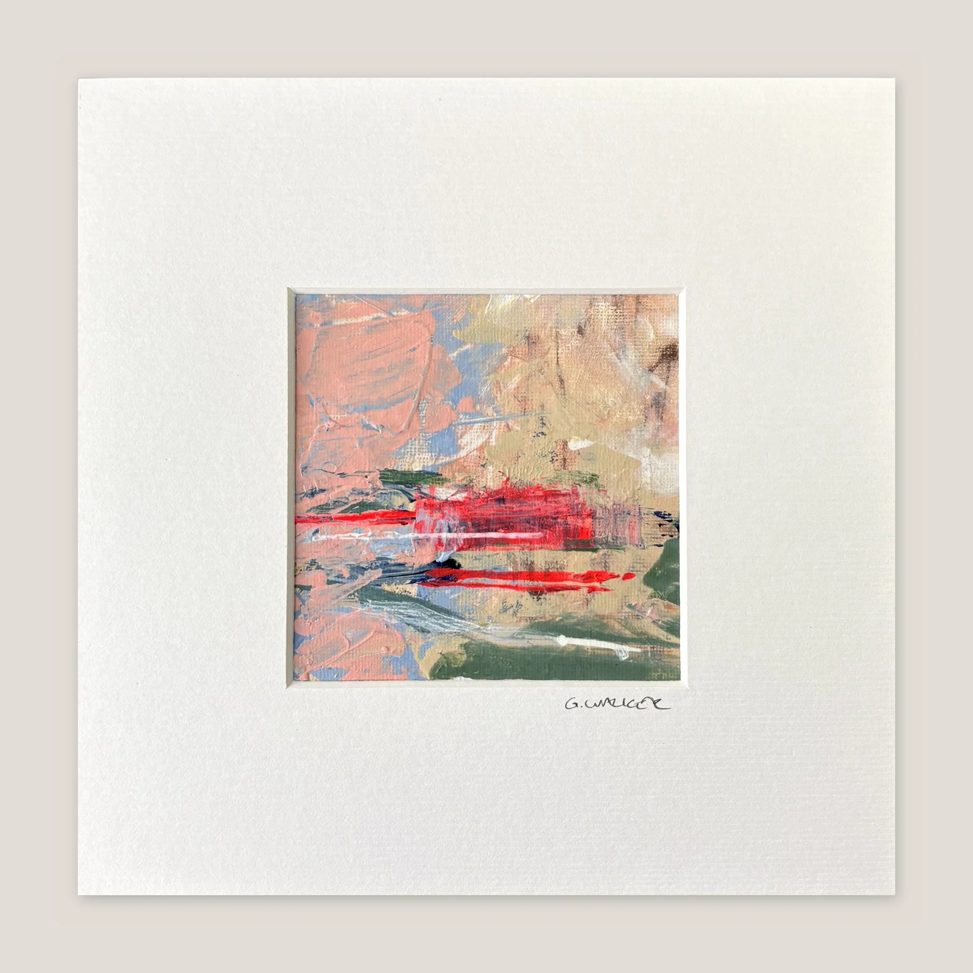 Abstract painting in peach, pink and pale blue with two neon red streaks, window-mounted
