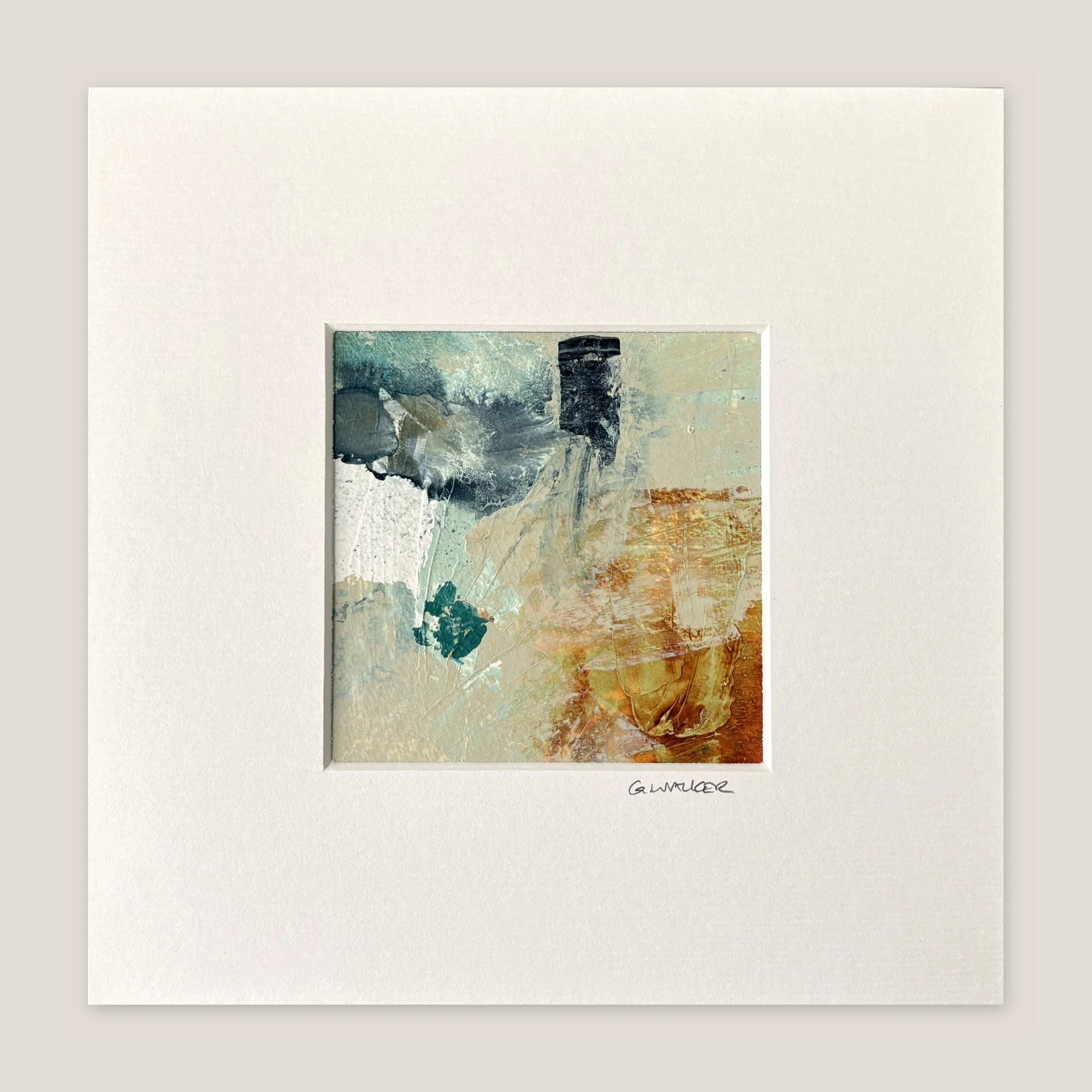 Abstract painting with teal and slate, a white block and rust and ochre below, window-mounted