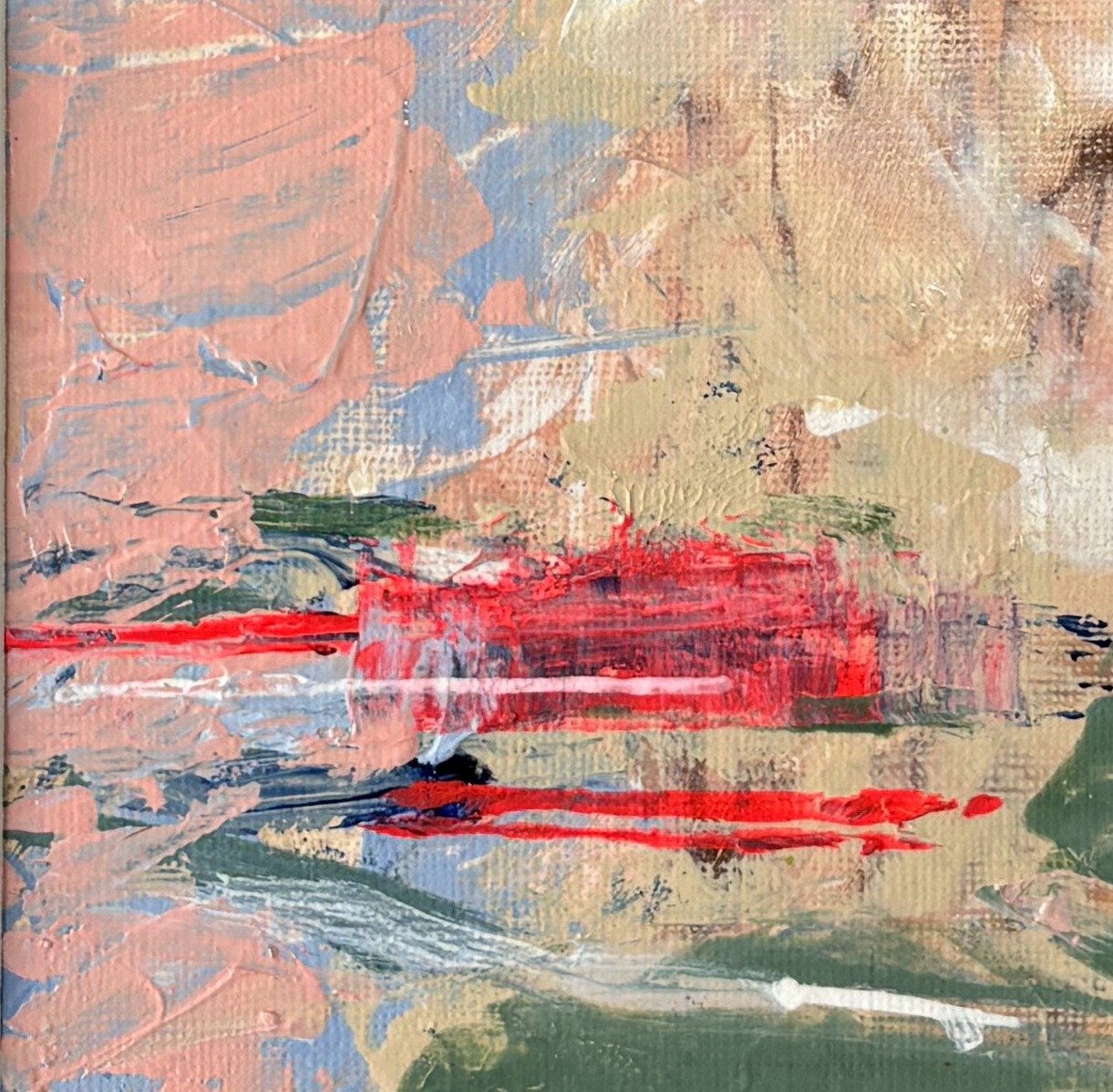 Abstract painting in peach, pink and pale blue with two neon red streaks