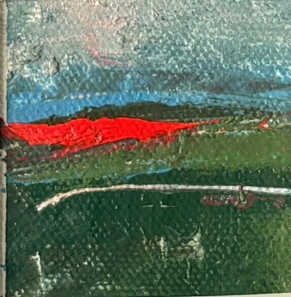 Mini abstract landscape with blue sky, green fields and a neon red horizon