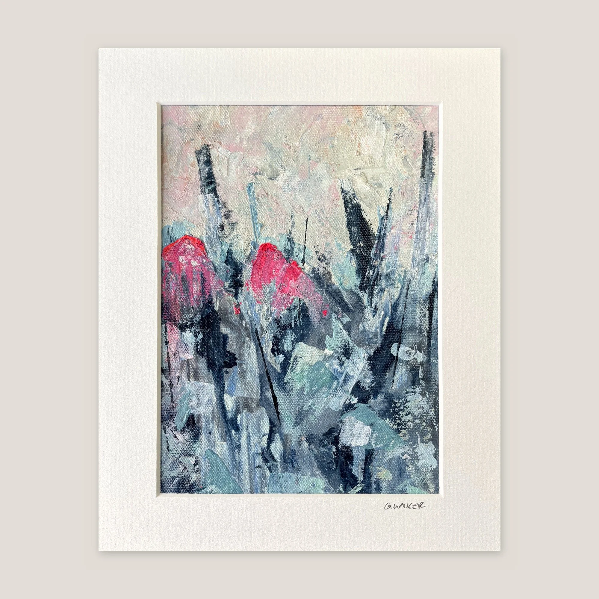 Abstract painting on canvas with navy and blue-grey shapes and two hot pink heads, window-mounted