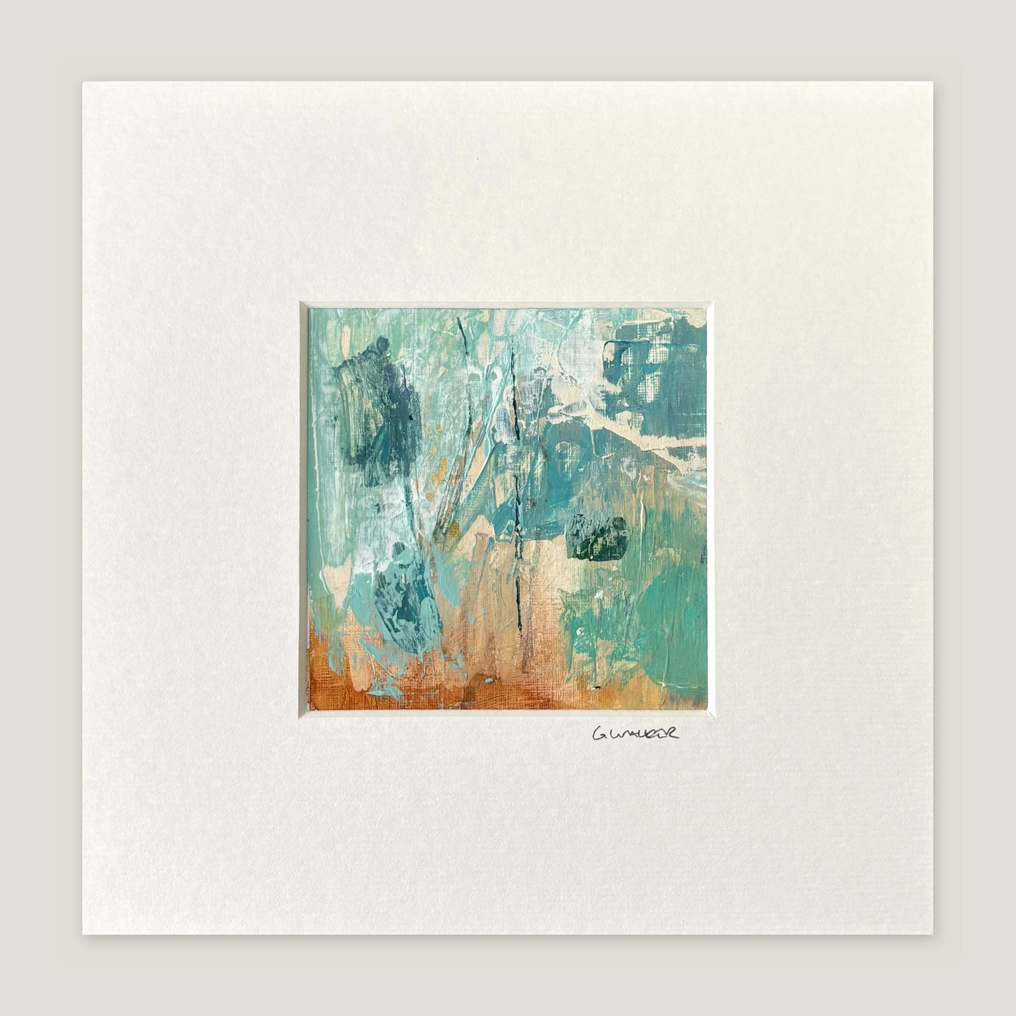 Abstract painting in aqua and teal with dark blocks and a rust strip at the bottom, window-mounted