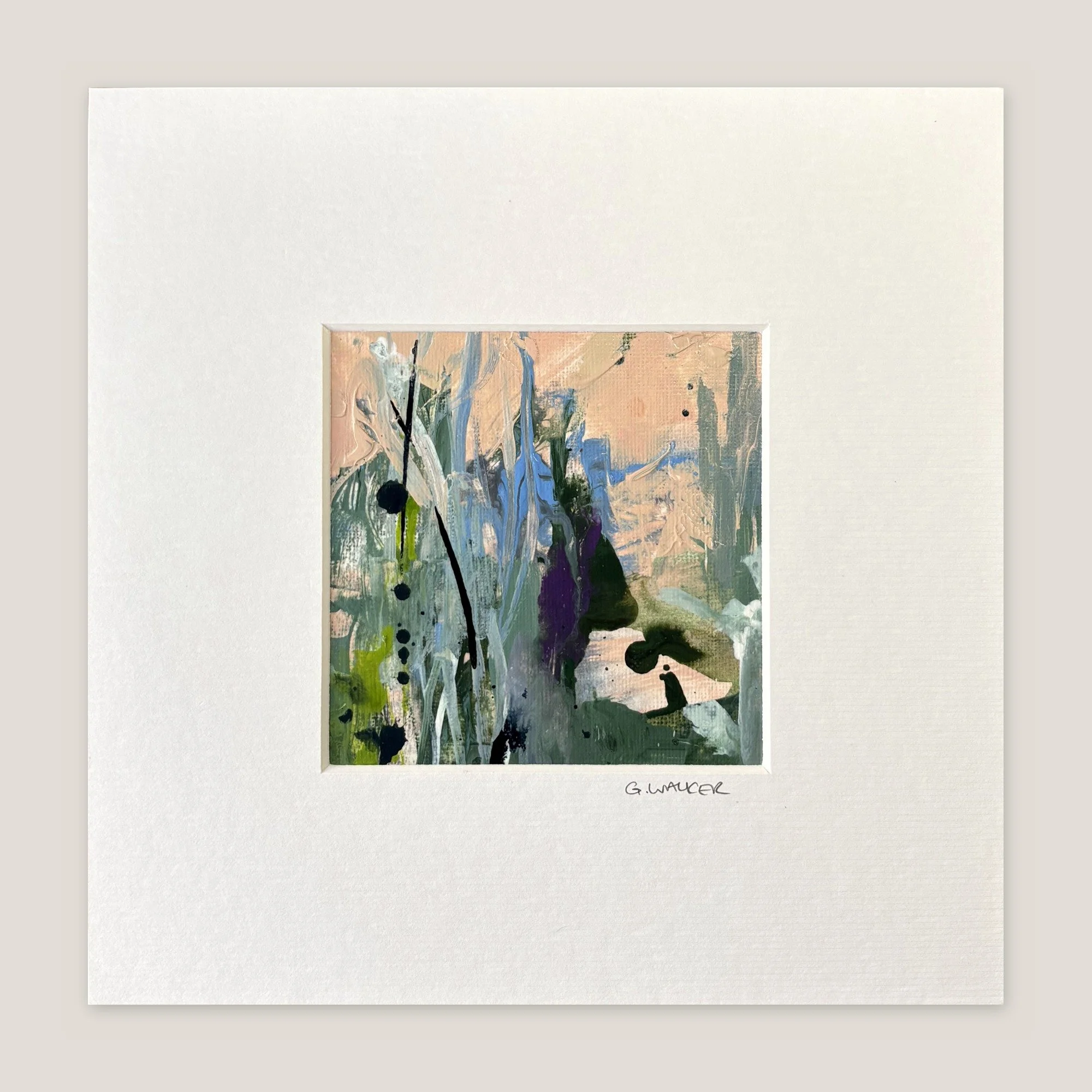Abstract landscape in peach and grey-green with purple, lime and black ink drips, window-mounted
