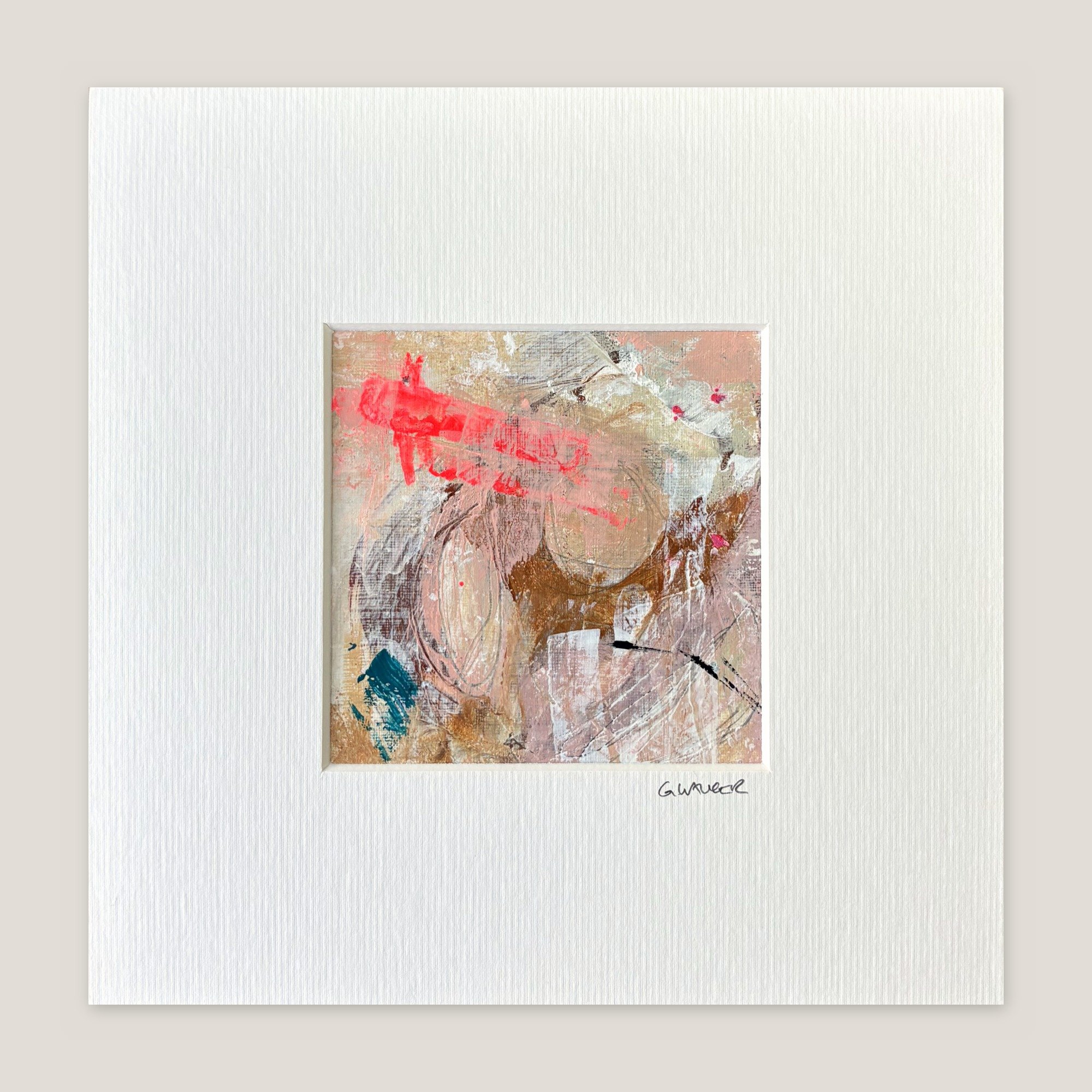 Abstract painting with scratched neon red, rust-brown and a swipe of teal, window-mounted