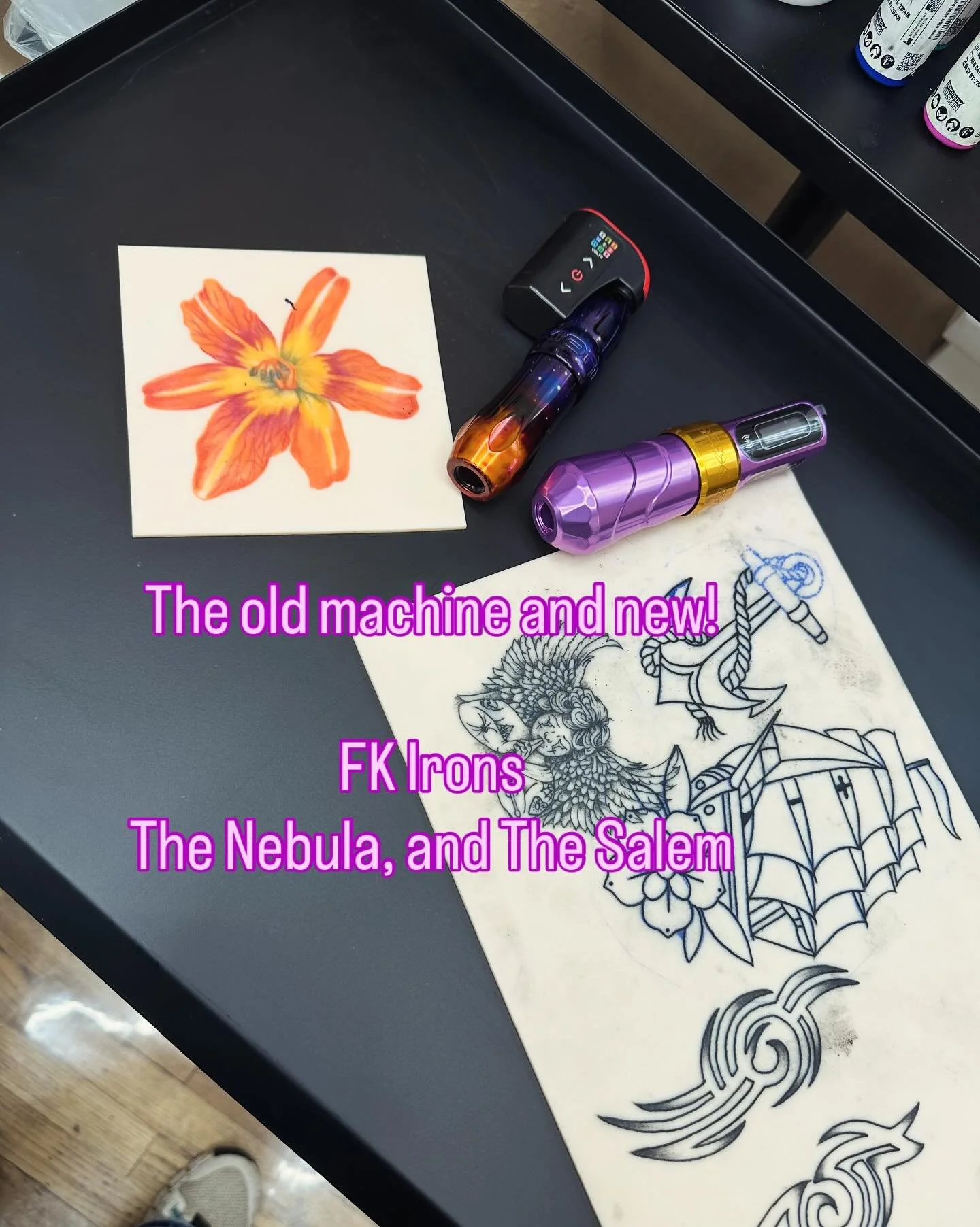 Pretty stoked to share these!! The FK irons xion Nebula is the OG machine for me! It got me through the very beginning stages of picking up tattooing, and school, and still in use!! Then came the FK Irons flux max Salem! Yes the name was a huge contr