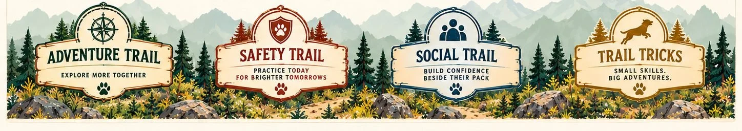 Signs for the four future trails: Adventure Trail, Safety Trail, Social Trail and Trail Tricks
