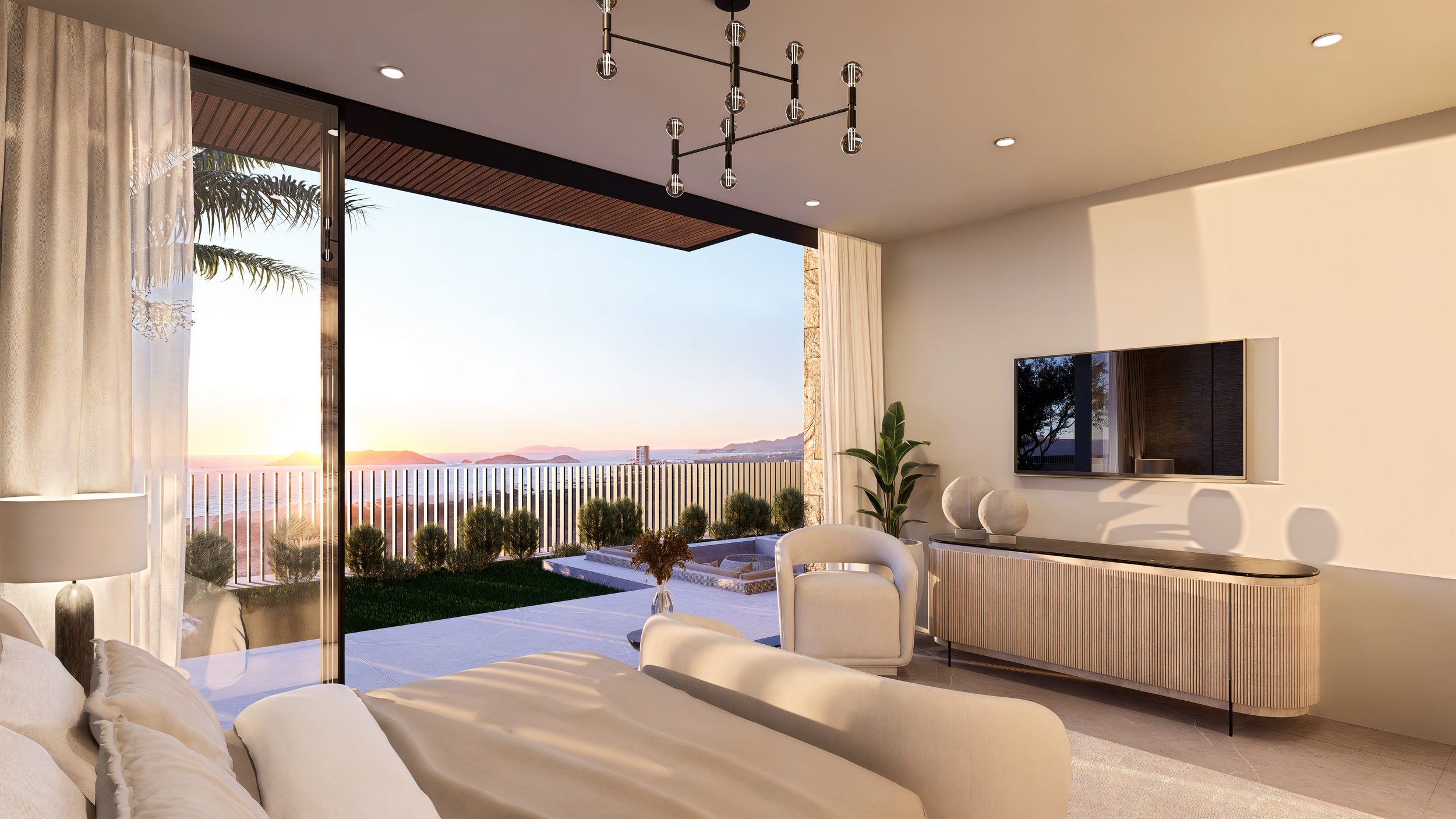 Sala moderna con vista panorámica al atardecer, sofá beige, lámpara, televisor de pantalla plana, mesa de comedor, plantas decorativas y puertas de cristal que abren al balcón con jardín y vista al horizonte.