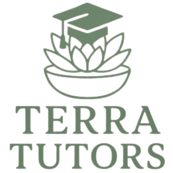 Logo for Terra Tutors featuring a stylized plant inside a bowl with a graduation cap on top and the text 'Terra Tutors' below.