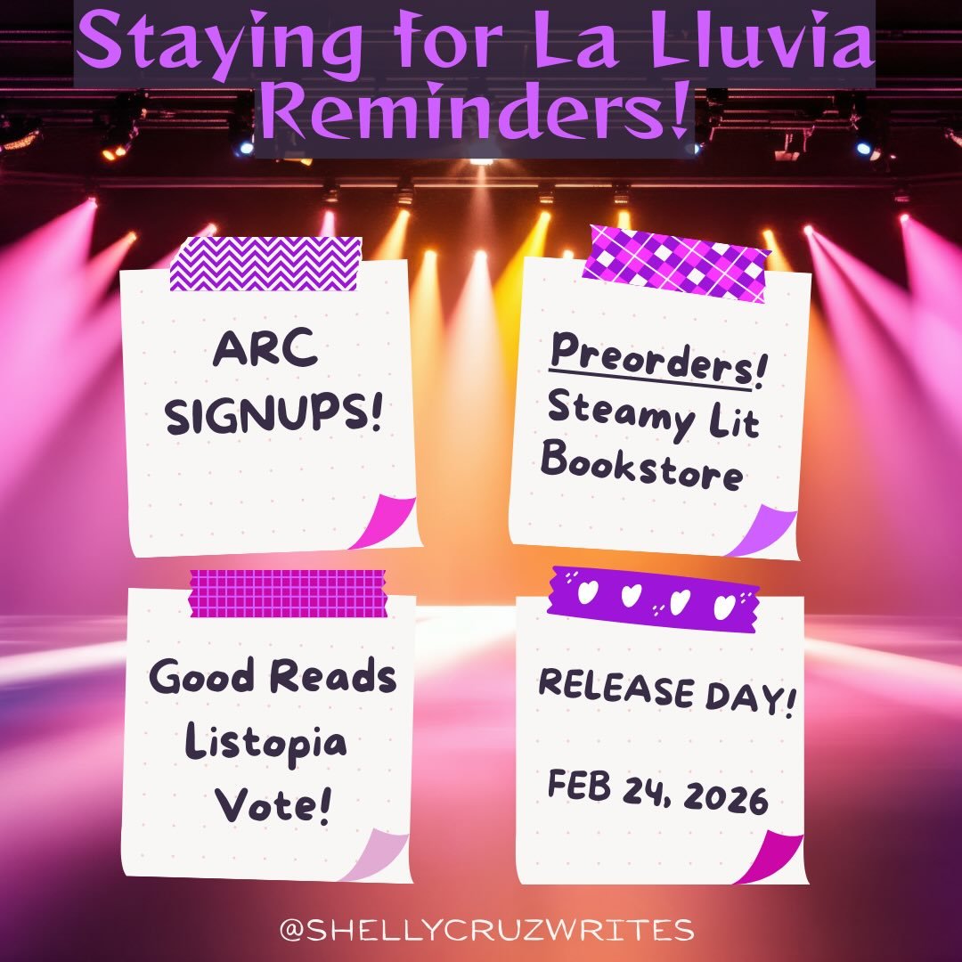 STAYING FOR LA LLUVIA REMINDERS:
The storm is getting closer, so here&rsquo;s your official check-in 
ARC sign-ups: OPEN  https://docs.google.com/forms/d/e/1FAIpQLSc5y911JDrZwWqwlxCedHUqP7iyII__S6D4nGWiPDL7F1GKnA/viewform
Goodreads Listopia vote: LIV