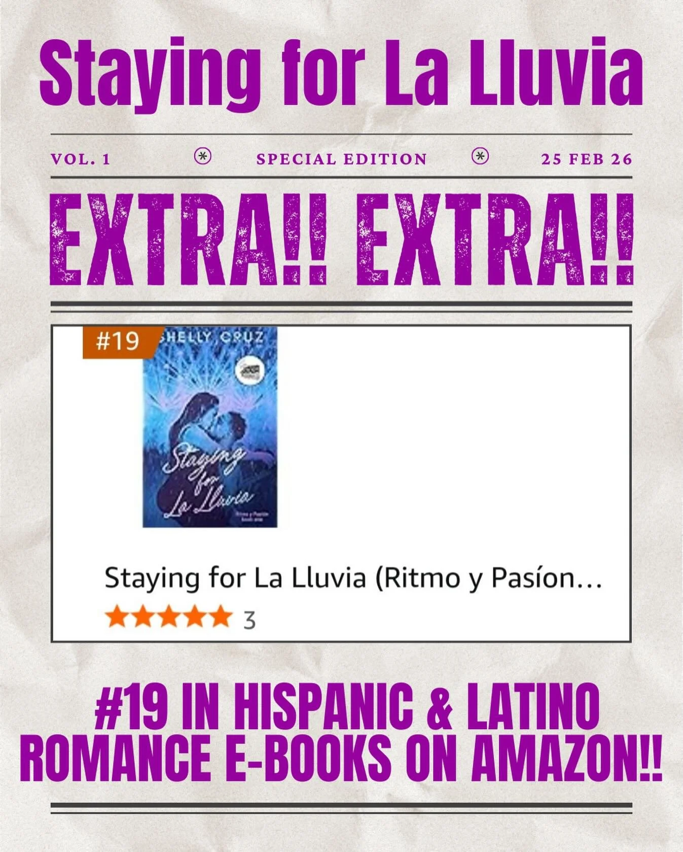 Woke up to the best news ever! Staying for La Lluvia is officially sitting at #19 in Hispanic &amp; Latino Romance e-Books on Amazon!

I am pinching myself! Seeing Xavier &amp; Roc&iacute;o&rsquo;s story climb the charts is a total dream come true. T
