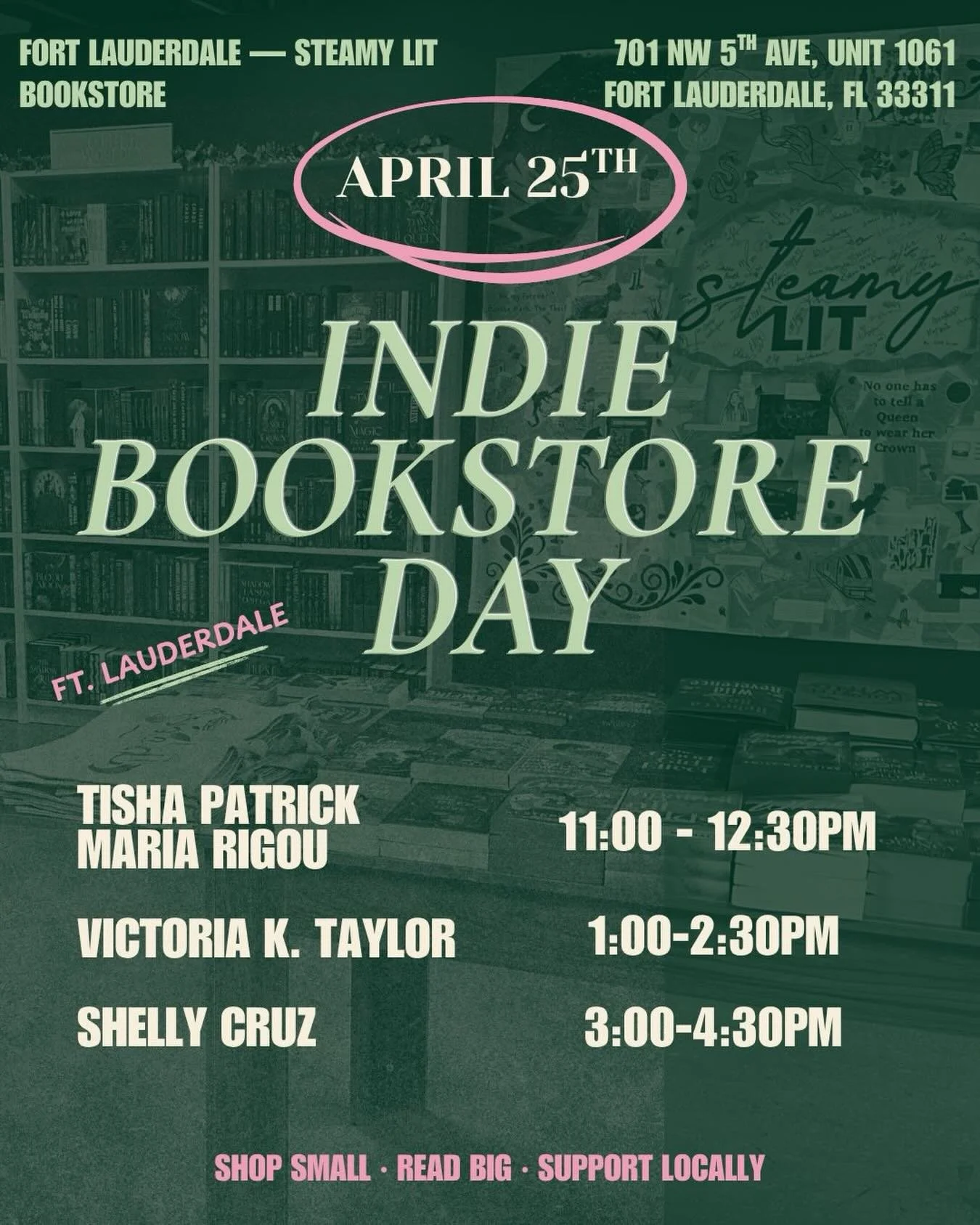 FT. LAUDERDALE &mdash; I&rsquo;m coming! 
Join me for Indie Bookstore Day @steamylitbookstore on April 25th!
I&rsquo;ll be signing from 3:00&ndash;4:30 PM @ 701 NW 5th Ave, Unit 1061, Fort Lauderdale, FL

Come hang out, grab some books, and support i