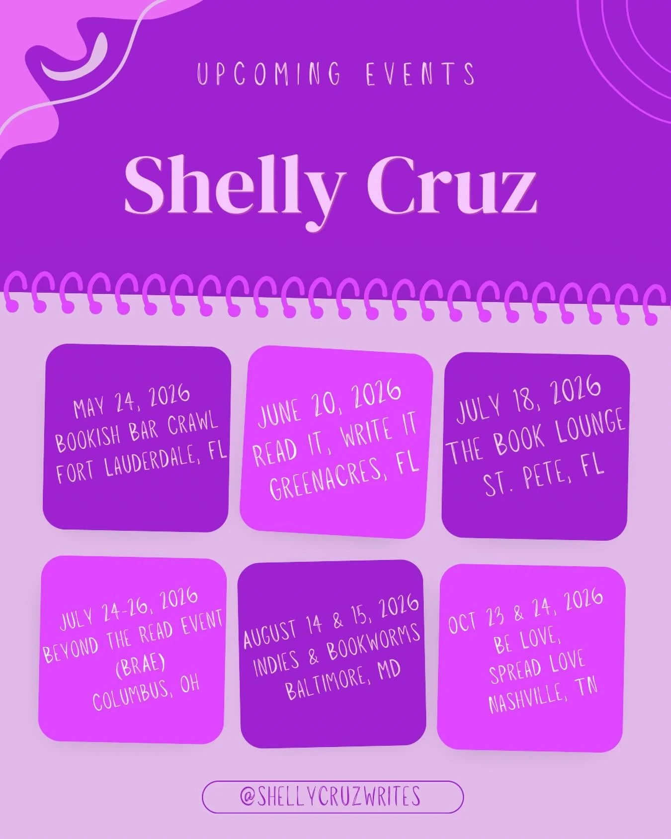 The rest of 2026 is looking wicked bookish 💜 Catch me at these upcoming events and come hang out, grab signed books, talk romance, reggaeton and literally anything else!

May 24: Bookish Bar Crawl - Fort Lauderdale June 20: Read It, Write It - Green