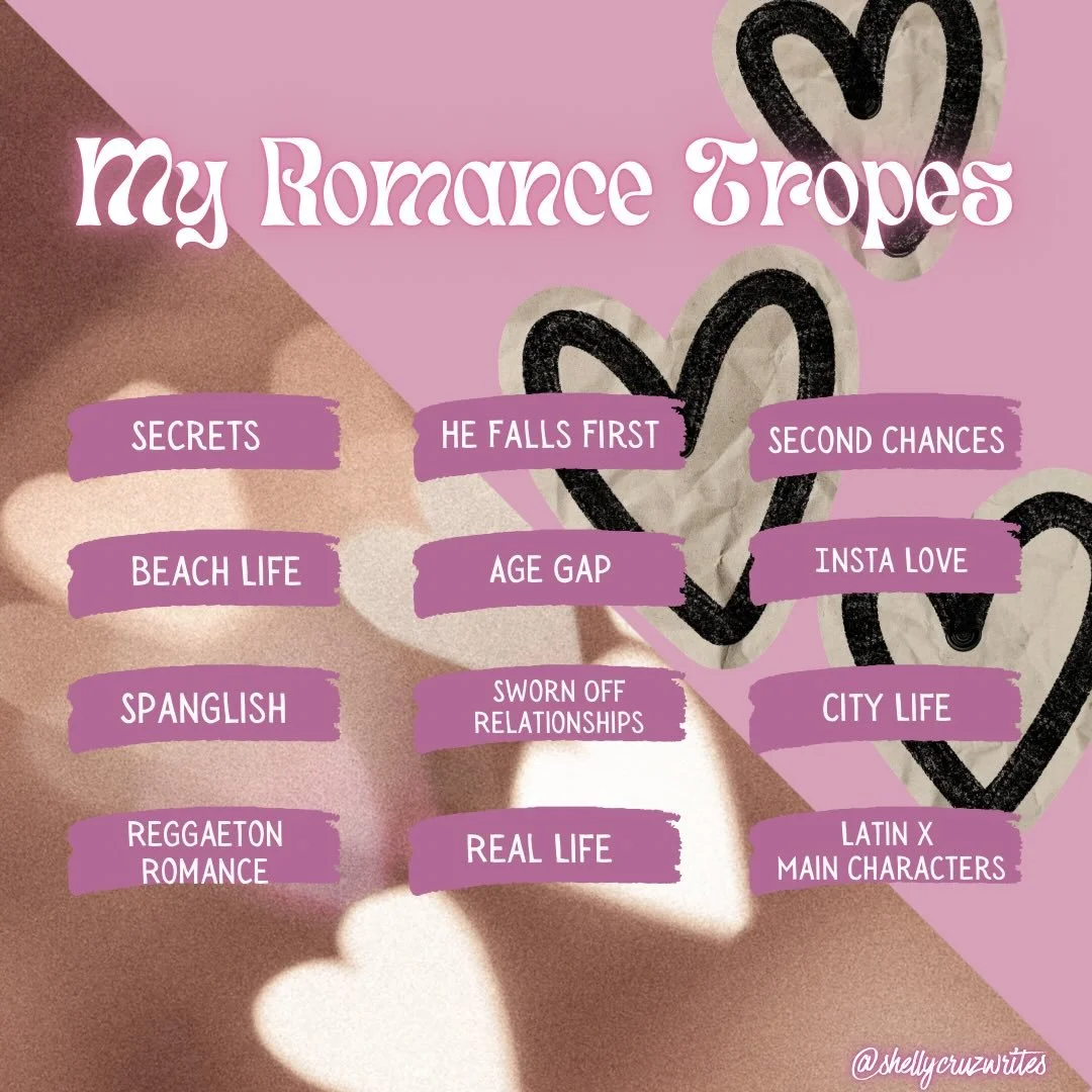 My book tropes are basically a collection of all my favorite things. 

💜 Secrets 💜 He falls first 💜 Second chances 💜 Age gaps 💜 Spanglish 💜 Beach life &amp; City life 💜 Real-life inspiration 💜 Latinx main characters

If any of these tropes ar