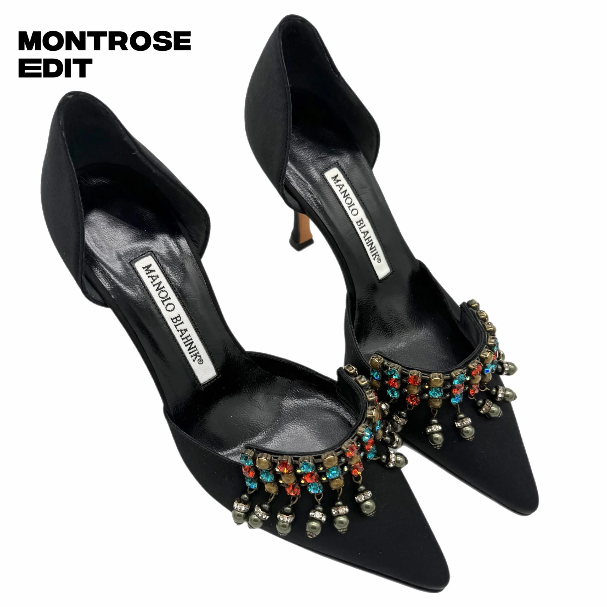 MANOLO BLAHNIK BLACK EMBELLISHED D’ORSAY PUMPS, image 2