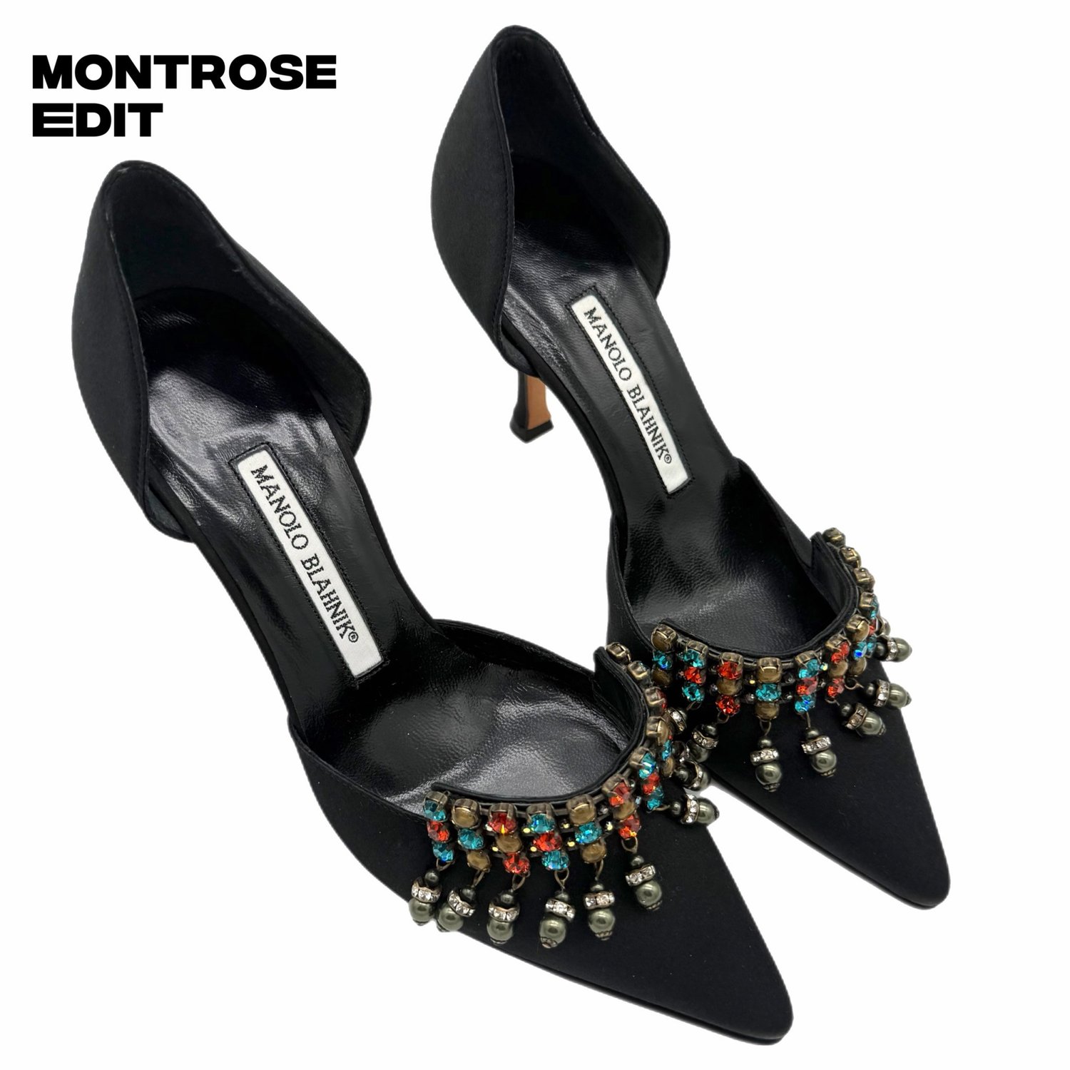 MANOLO BLAHNIK BLACK EMBELLISHED D’ORSAY PUMPS