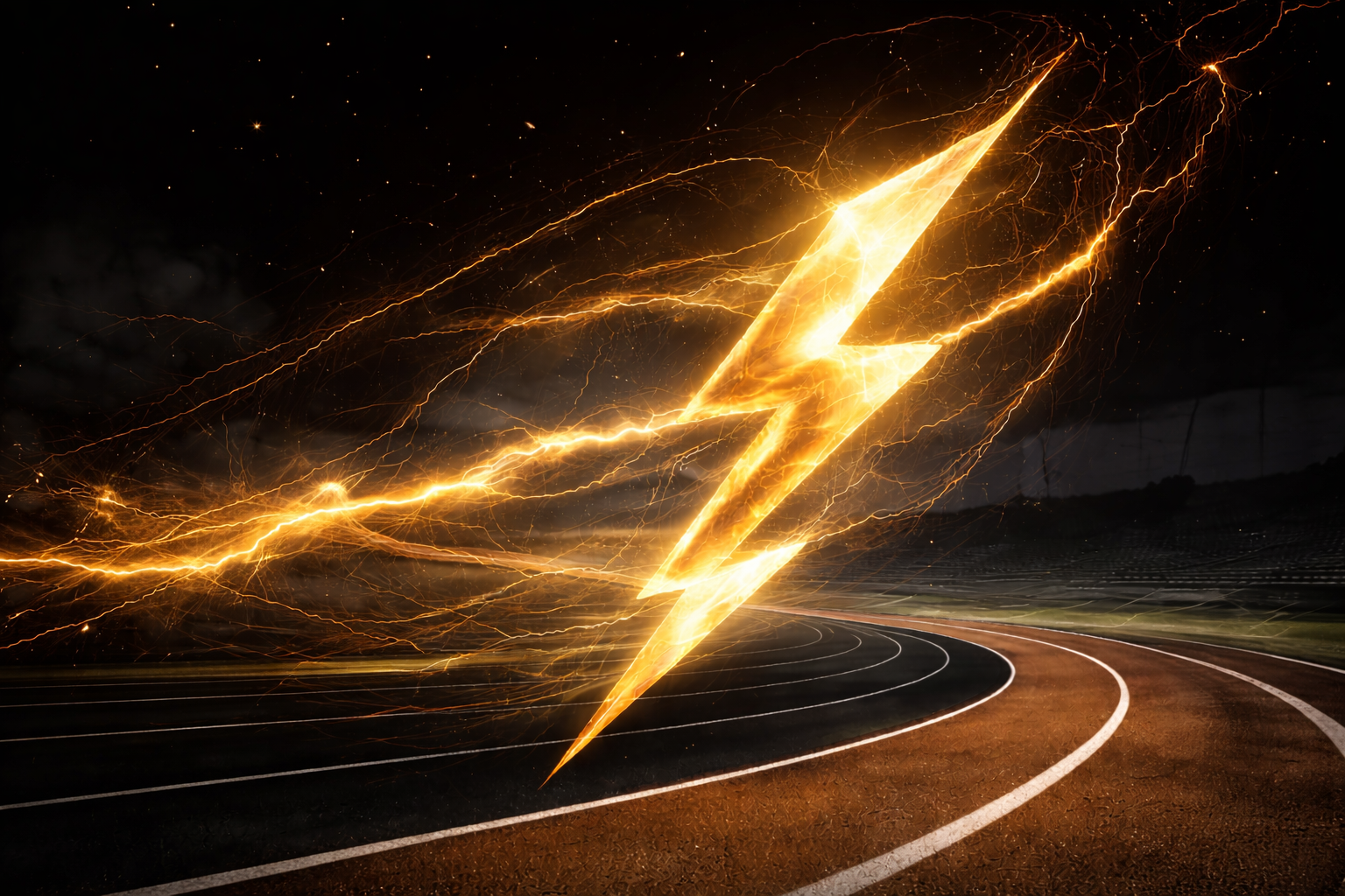 A lightning bolt with bright yellow and orange colors strikes and creates sparks in a dark sky over a race track.