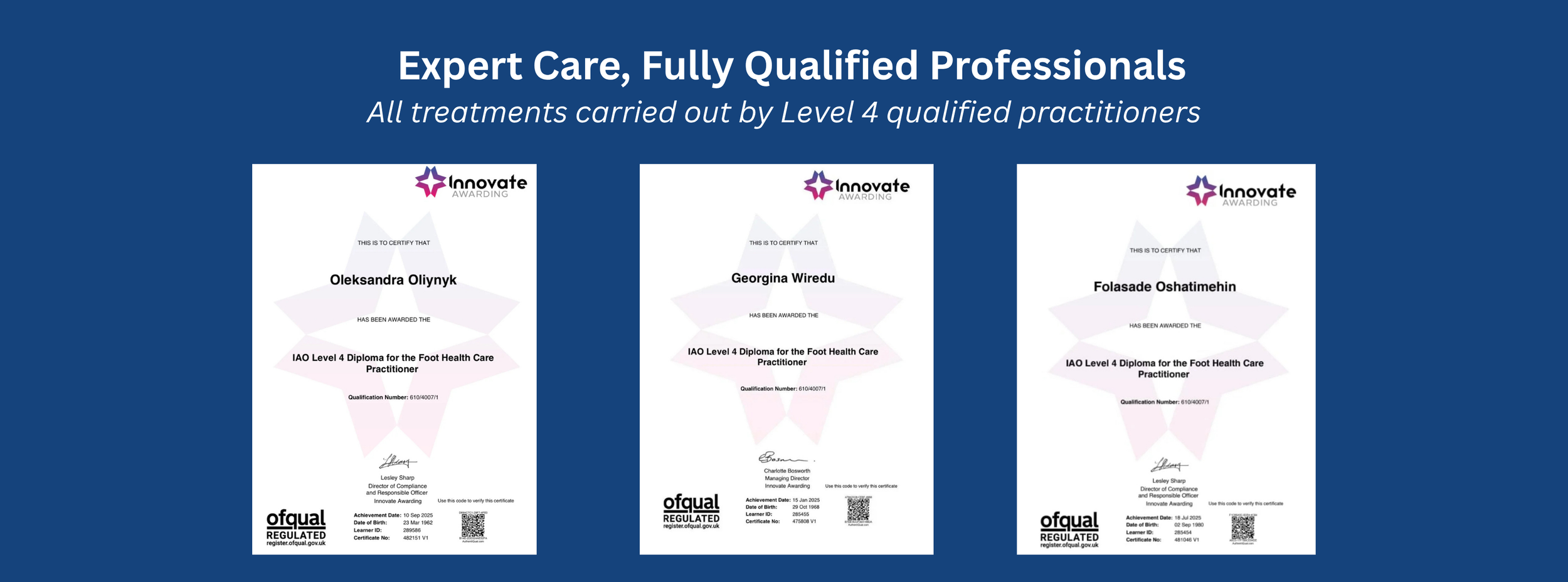Team of Level 4 qualified foot care practitioners offering safe and professional home visit foot care