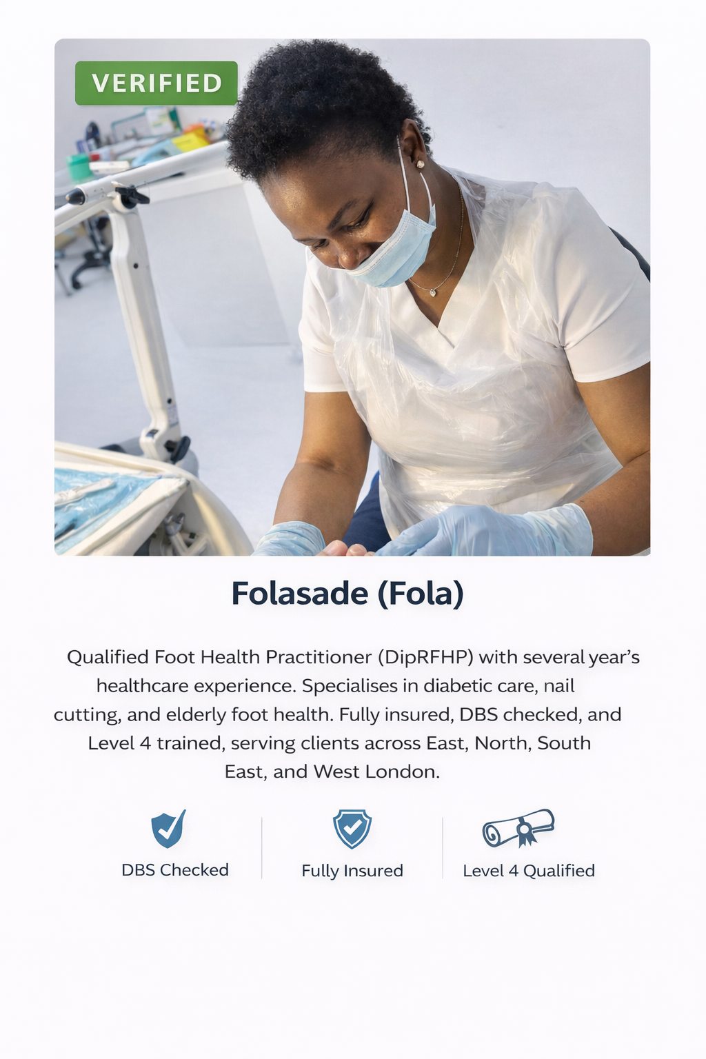 Fola, professional foot care practitioner providing home visit treatments in East London