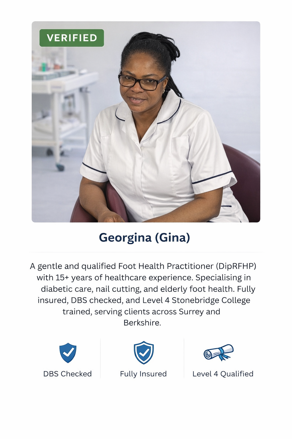 Gina, mobile foot care practitioner providing professional home visit foot care services in East London