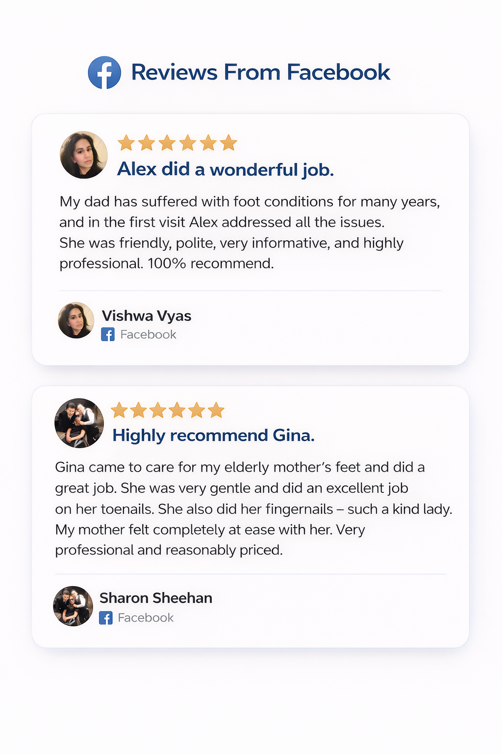 Foot Care Hub 5 star Facebook reviews highlighting trusted mobile foot care services