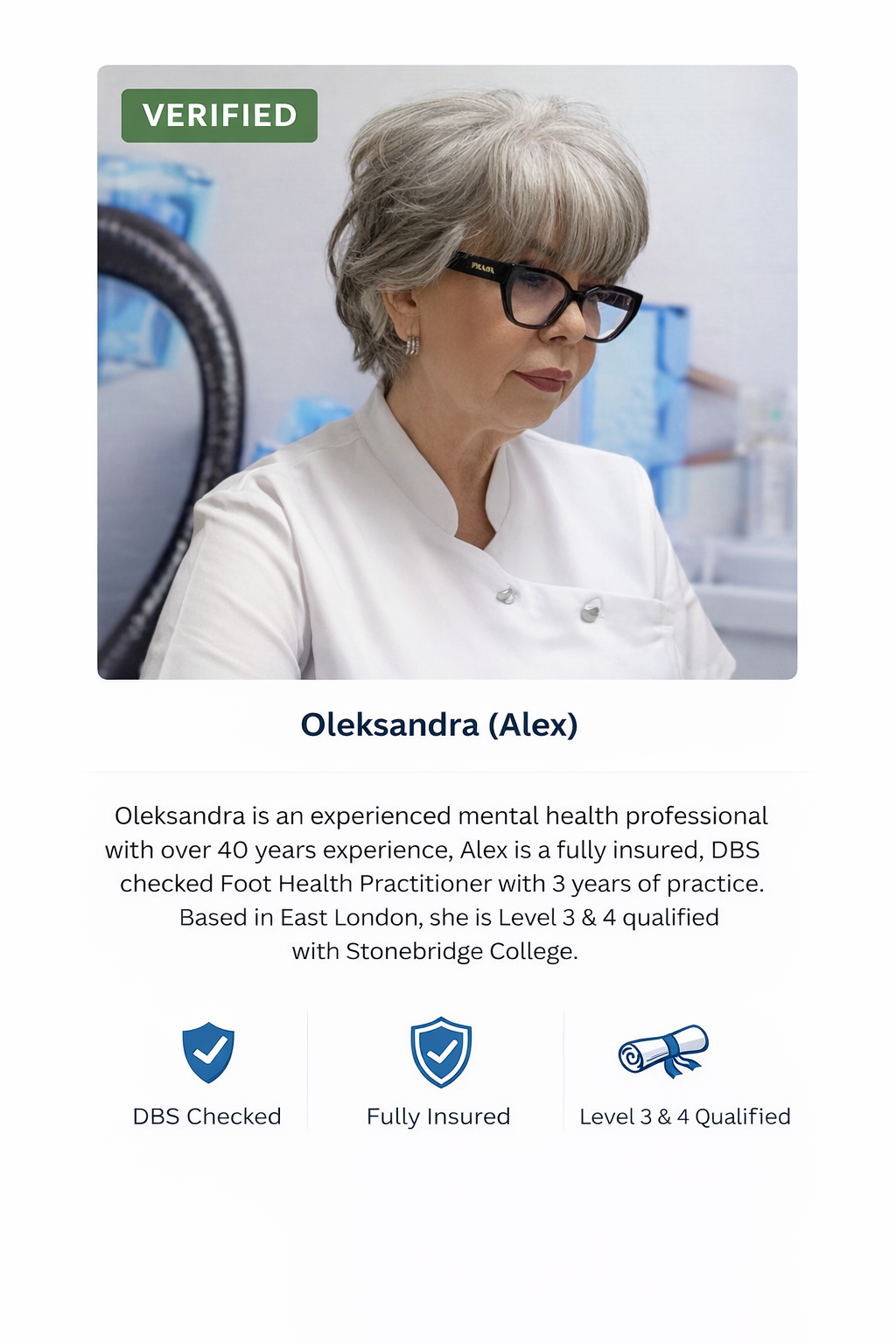 Alex, experienced mobile foot care practitioner offering home visits across East London