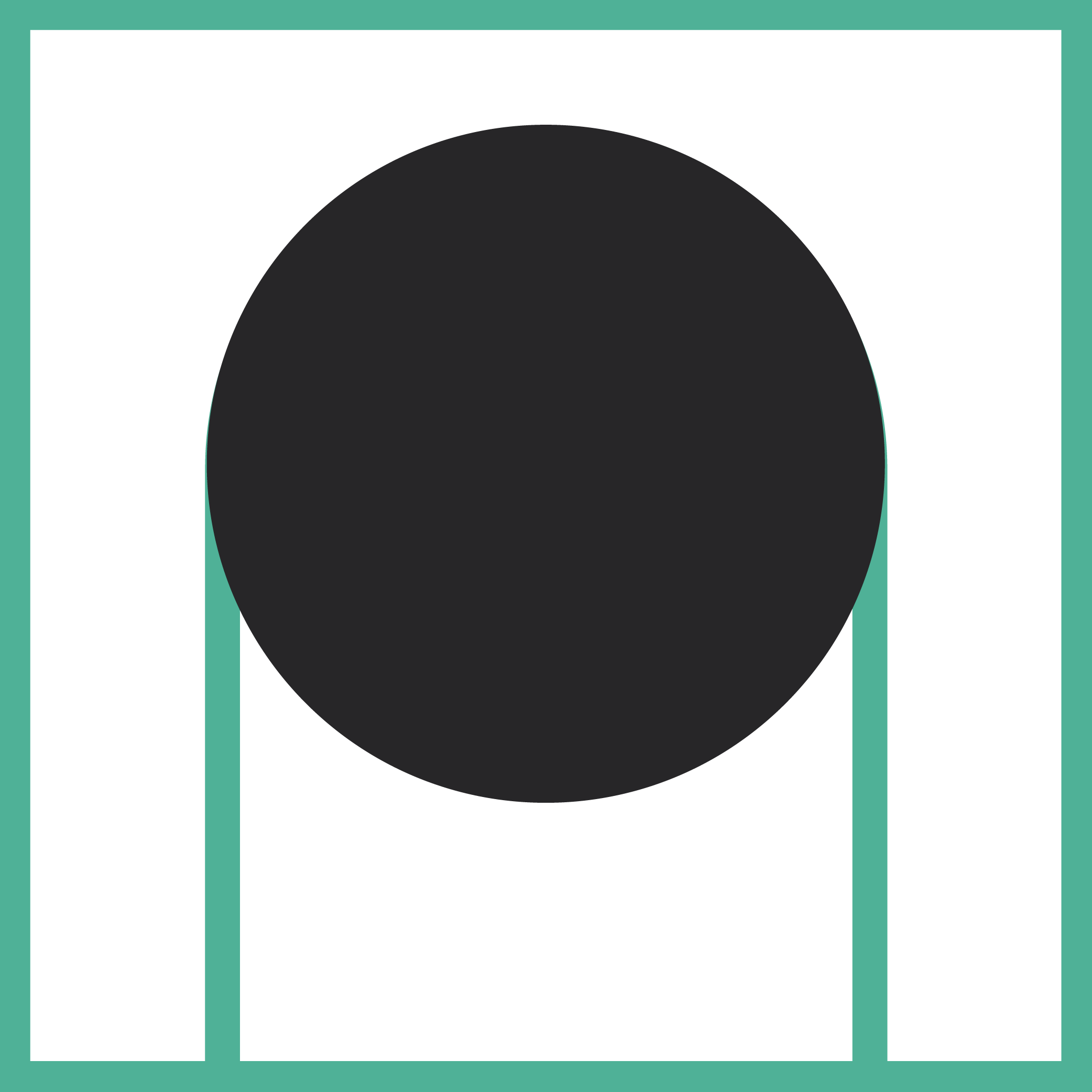 Geometric drawing of an outline square with sections divided by vertical, horizontal, and half circle lines.
